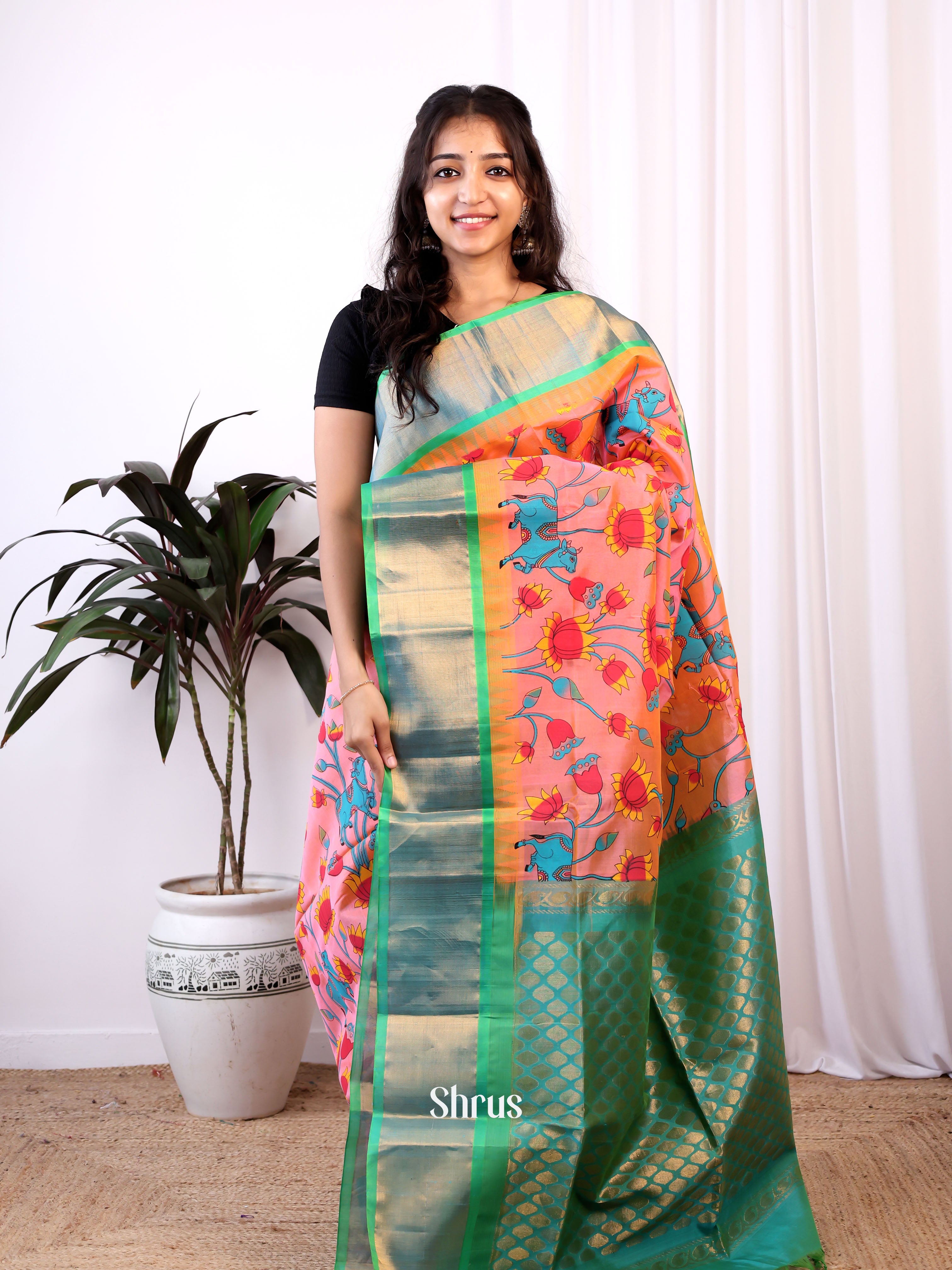 Peach & Green- Silk Cotton Saree - Shop on Shrus.com