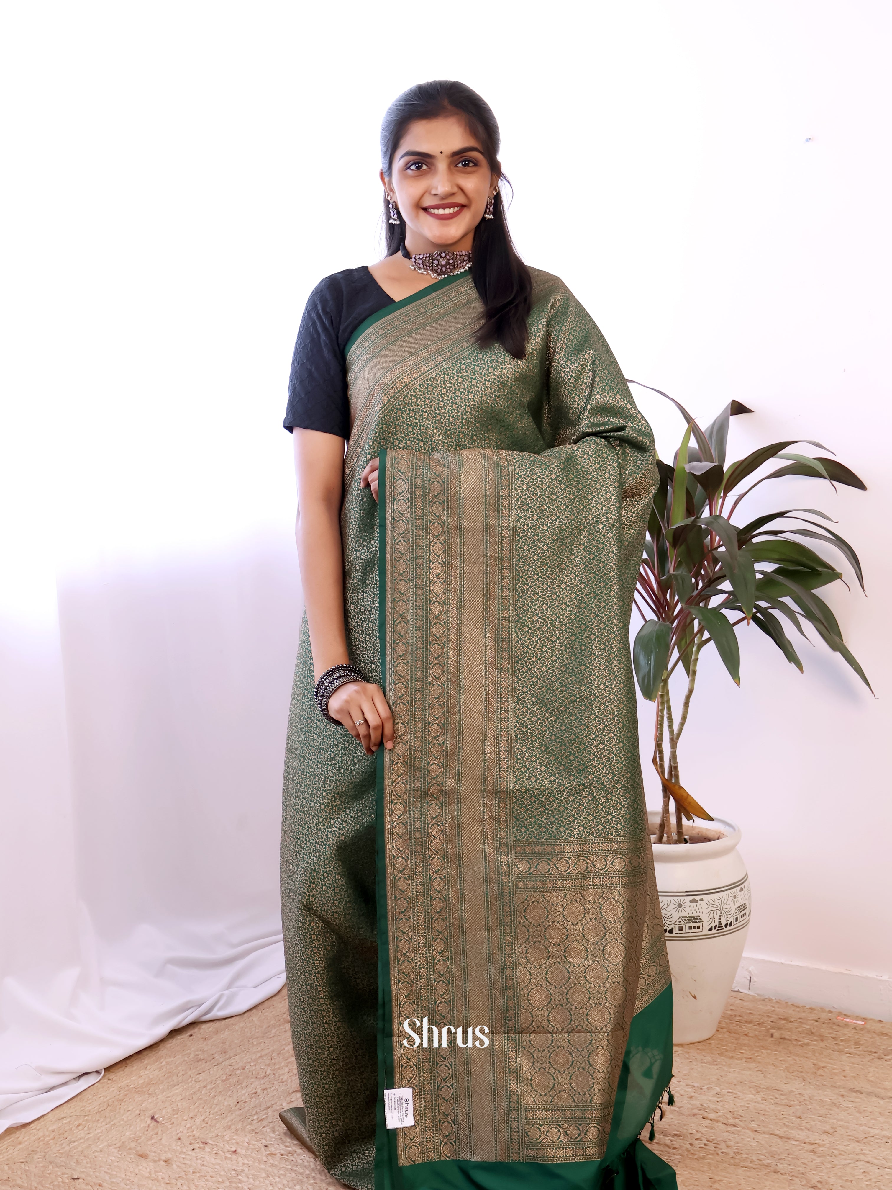 Green - Semi Banarasi Saree - Shop on Shrus.com