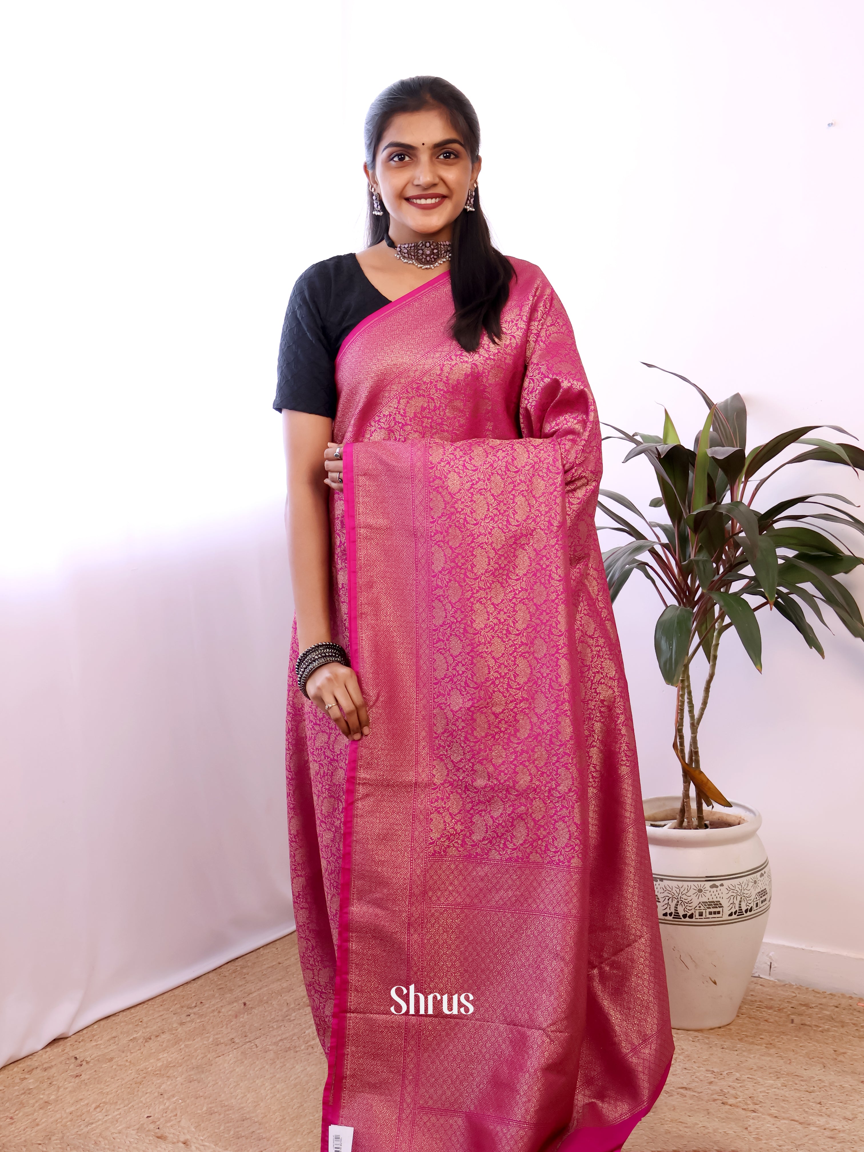 Pink - Semi Banarasi Saree - Shop on Shrus.com