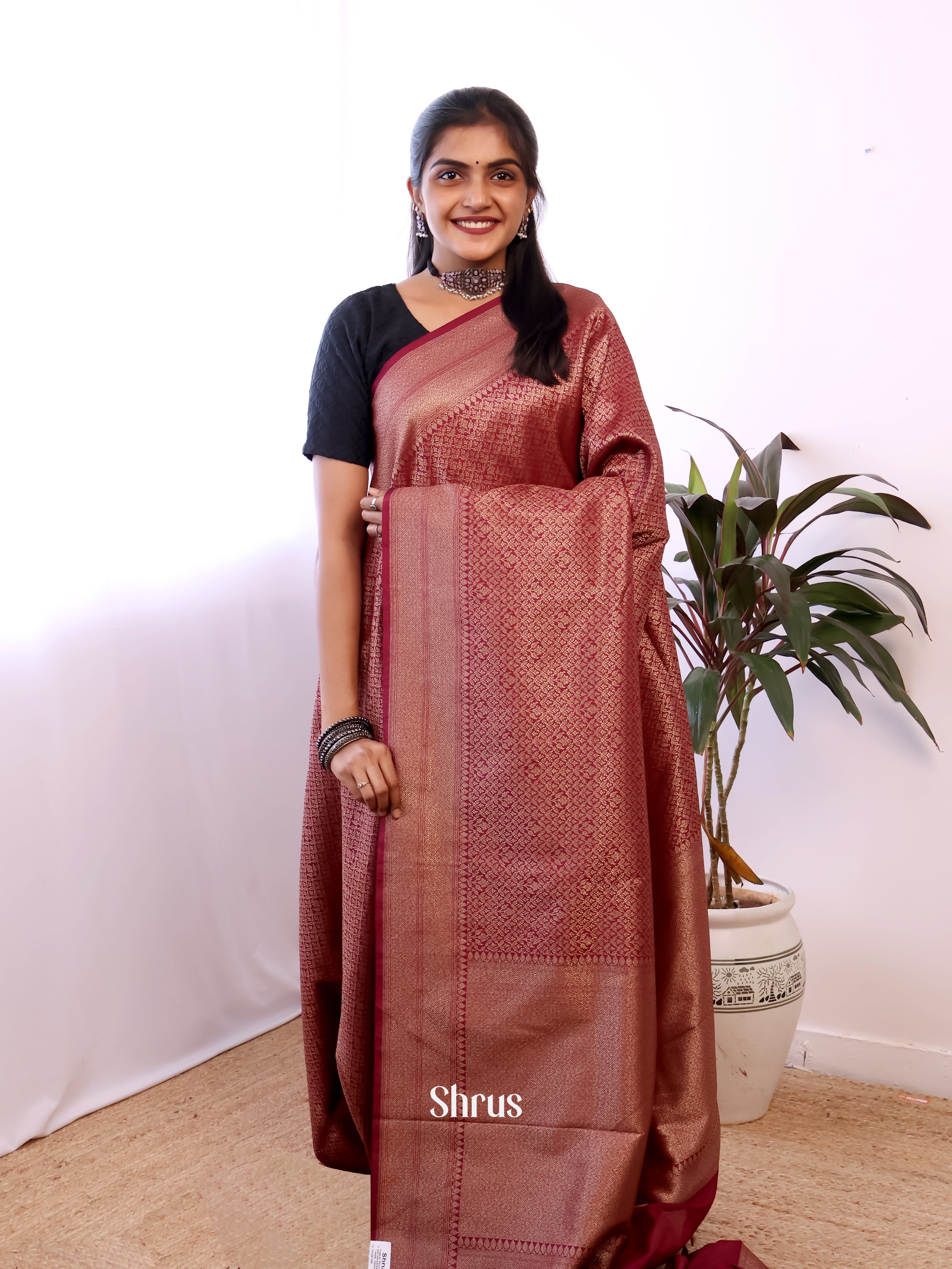 Maroon - Semi Banarasi Saree - Shop on Shrus.com