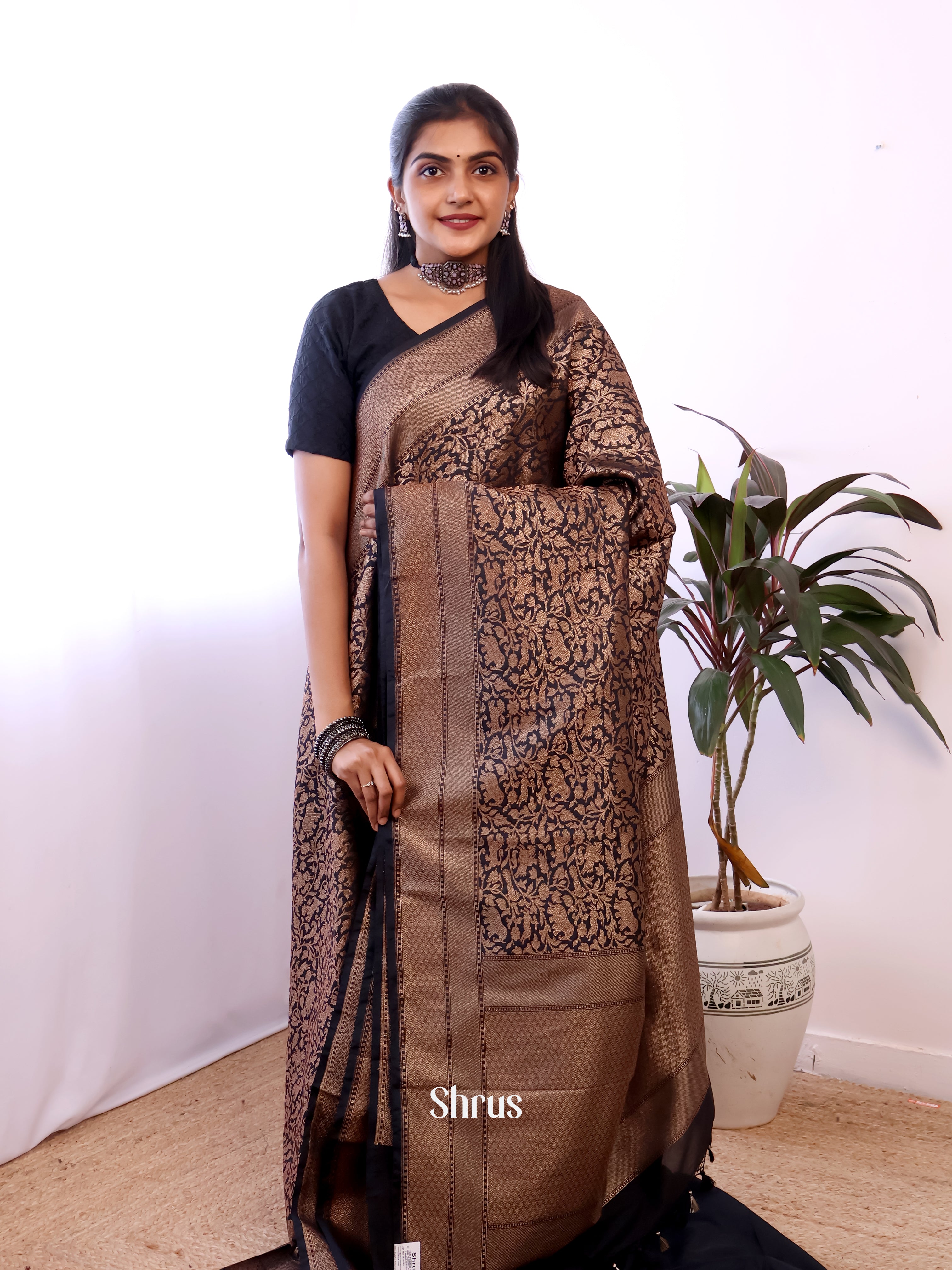 Black - Semi Banarasi Saree - Shop on Shrus.com