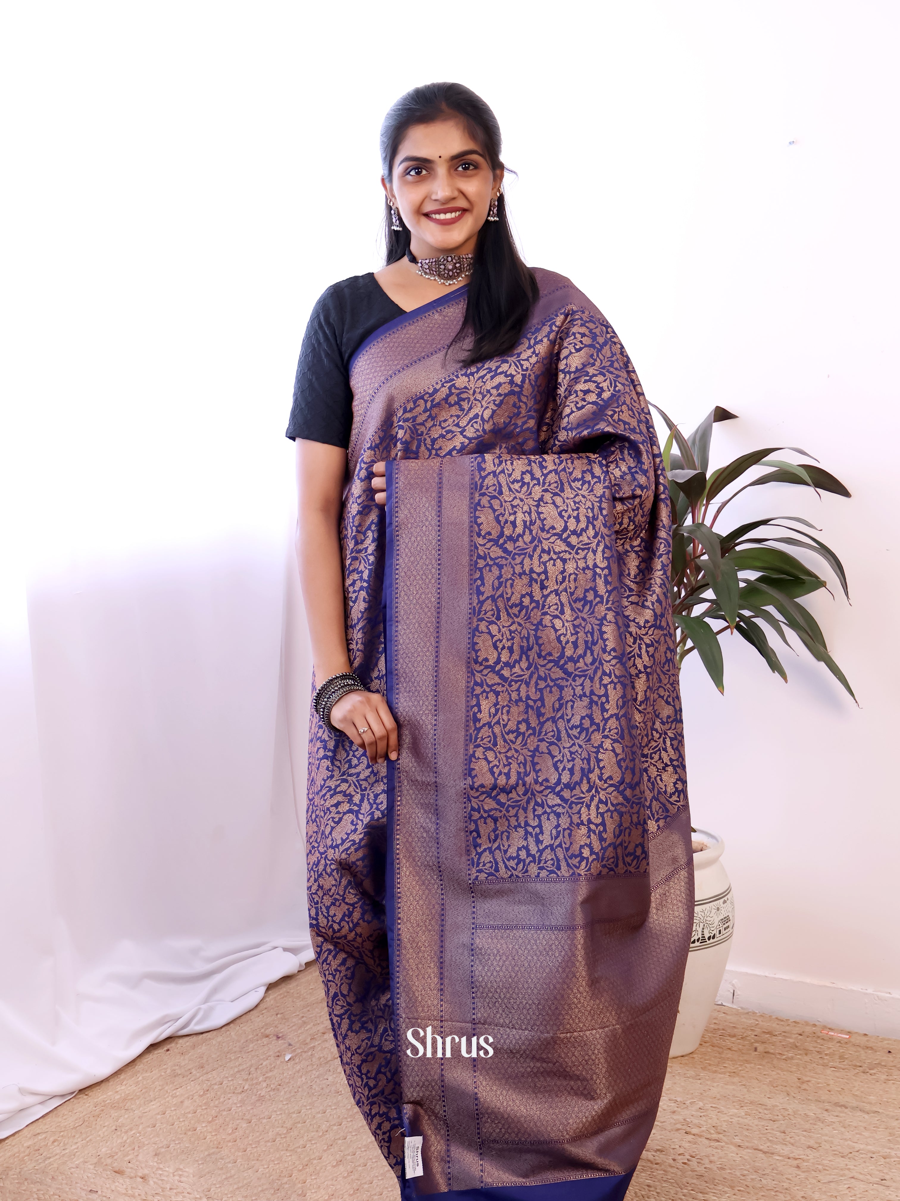 Blue - Semi Banarasi Saree - Shop on Shrus.com