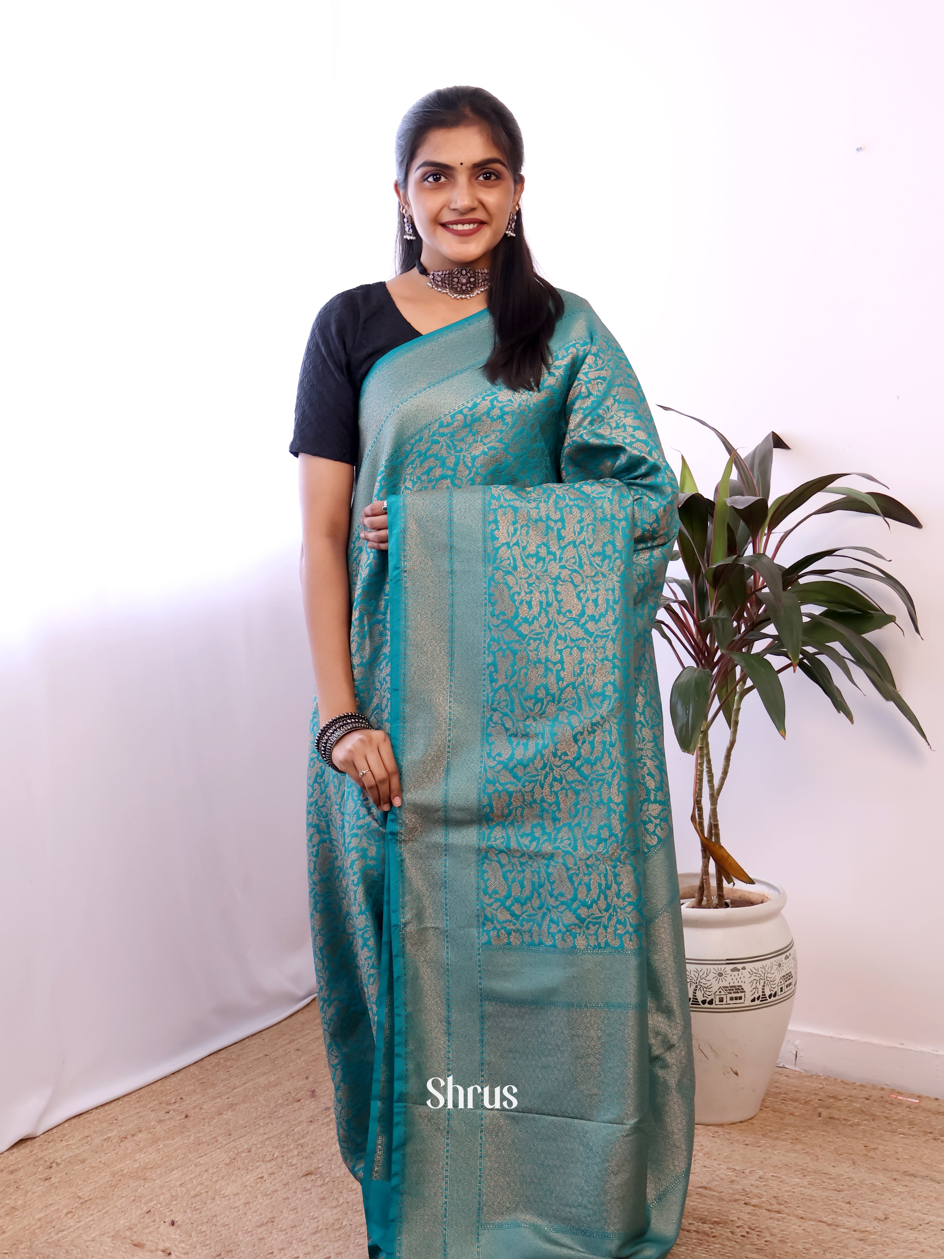 Teal - Semi Banarasi Saree - Shop on Shrus.com