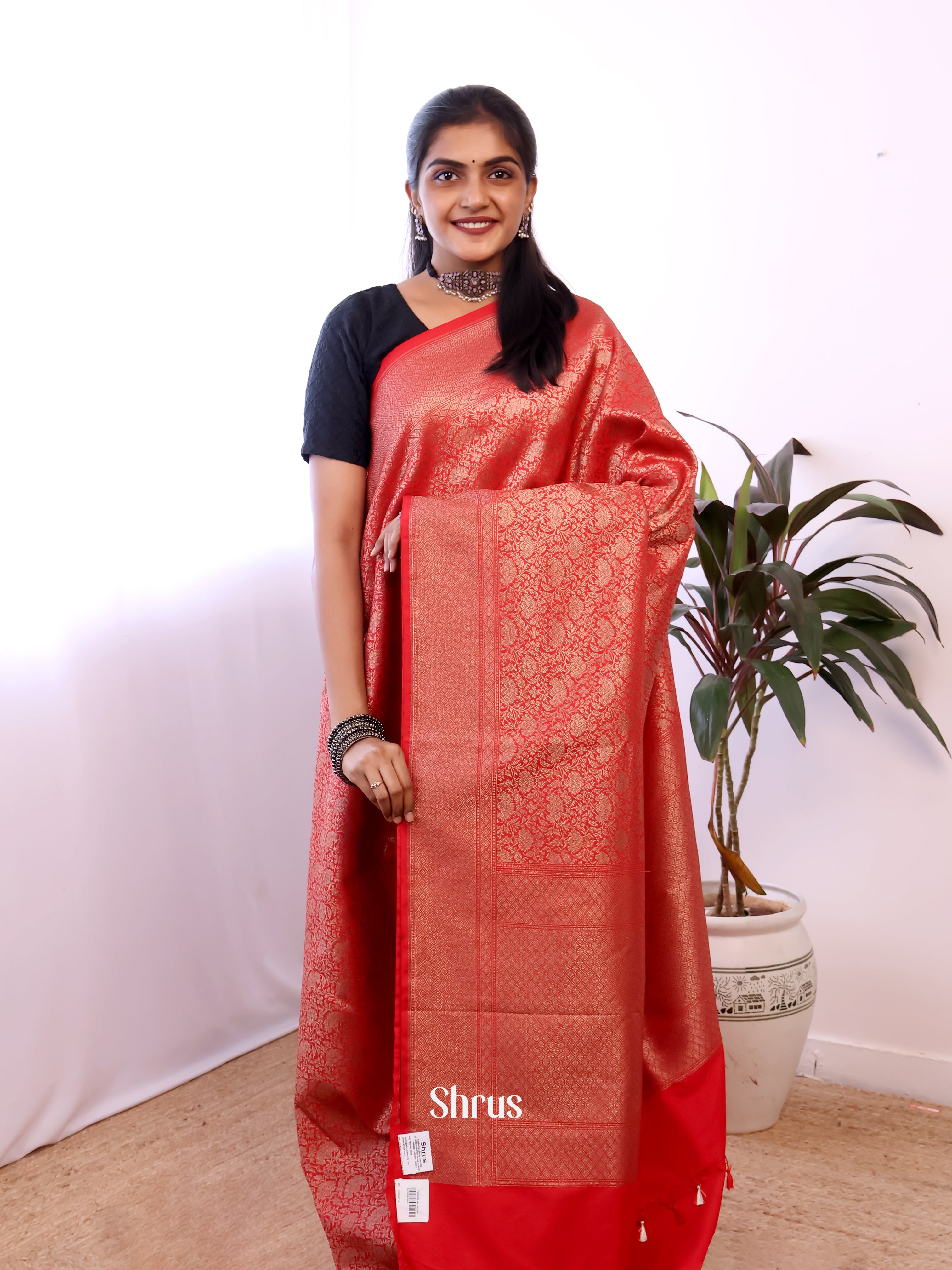 Red - Semi Banarasi Saree - Shop on Shrus.com