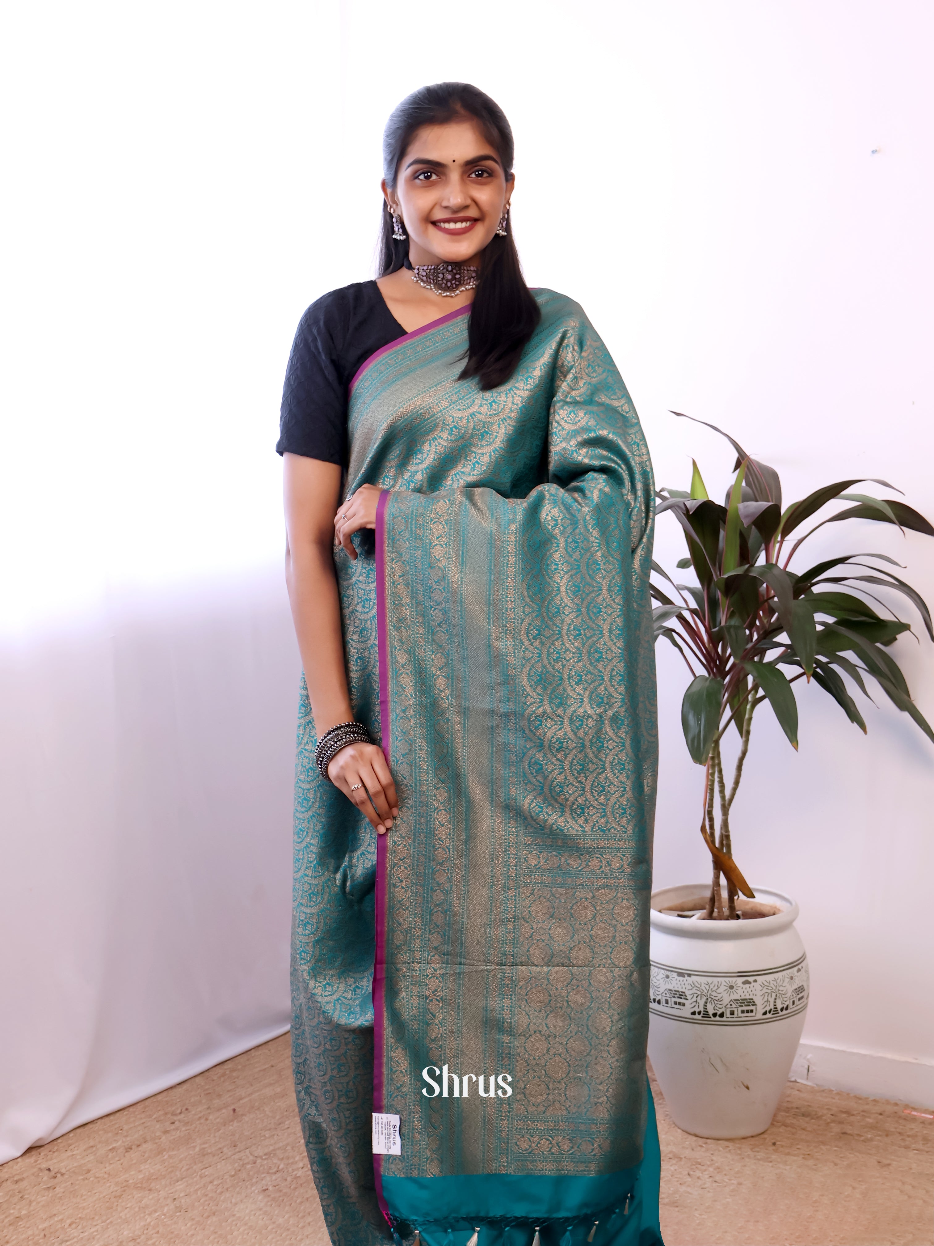Teal - Semi Banarasi Saree - Shop on Shrus.com