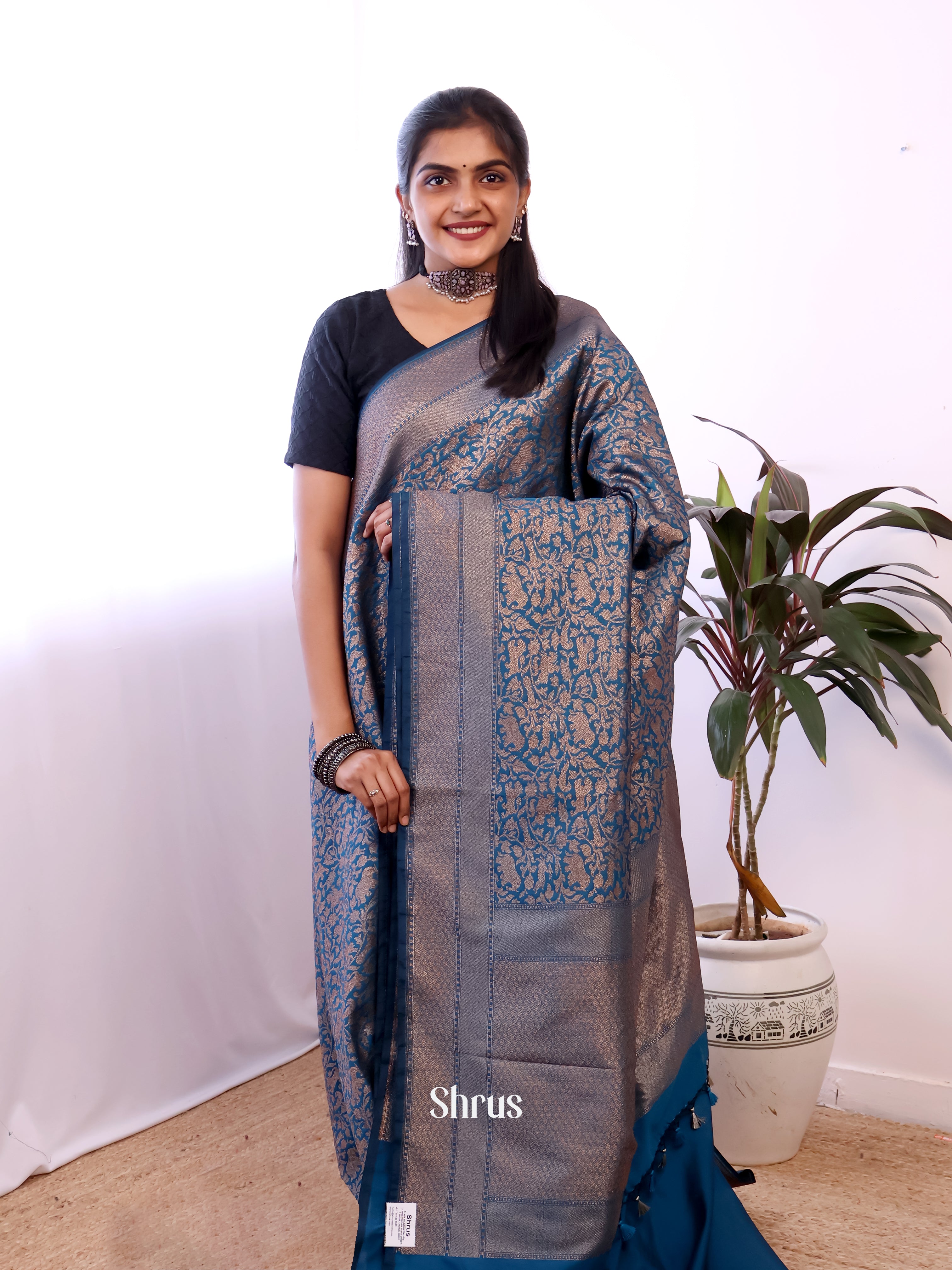 Blue - Semi Banarasi Saree - Shop on Shrus.com