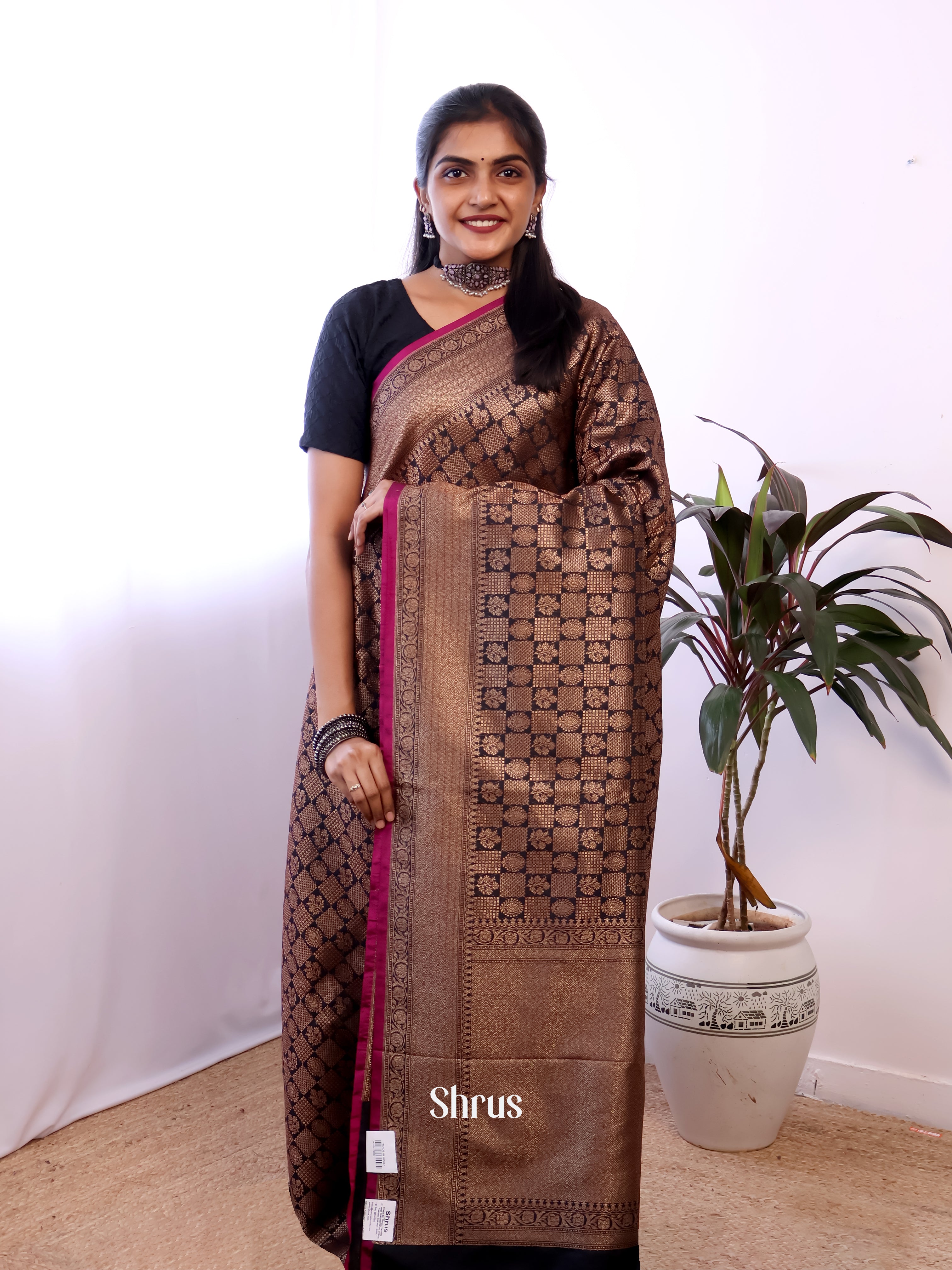 Black - Semi Banarasi Saree - Shop on Shrus.com