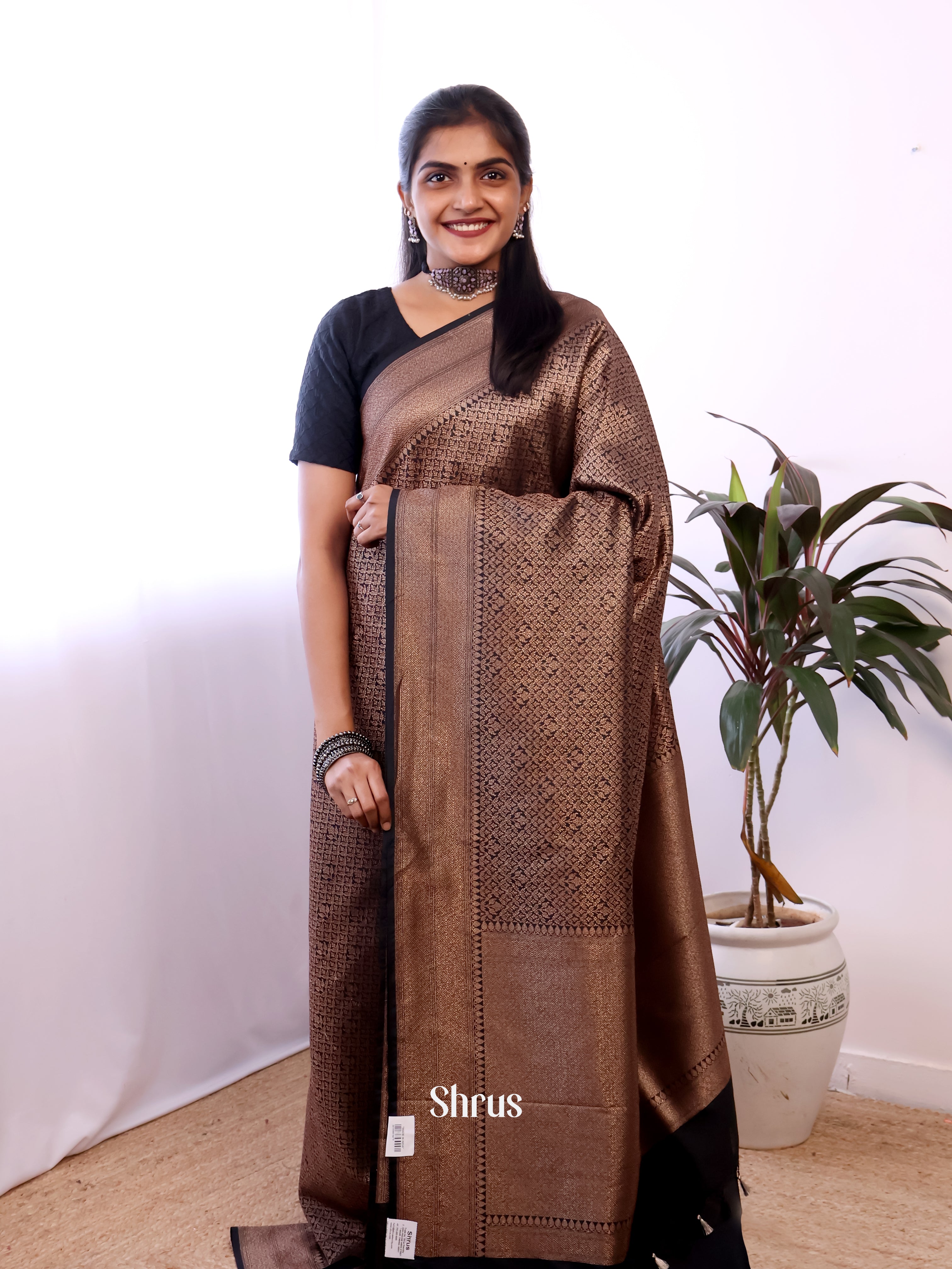 Black - Semi Banarasi Saree - Shop on Shrus.com