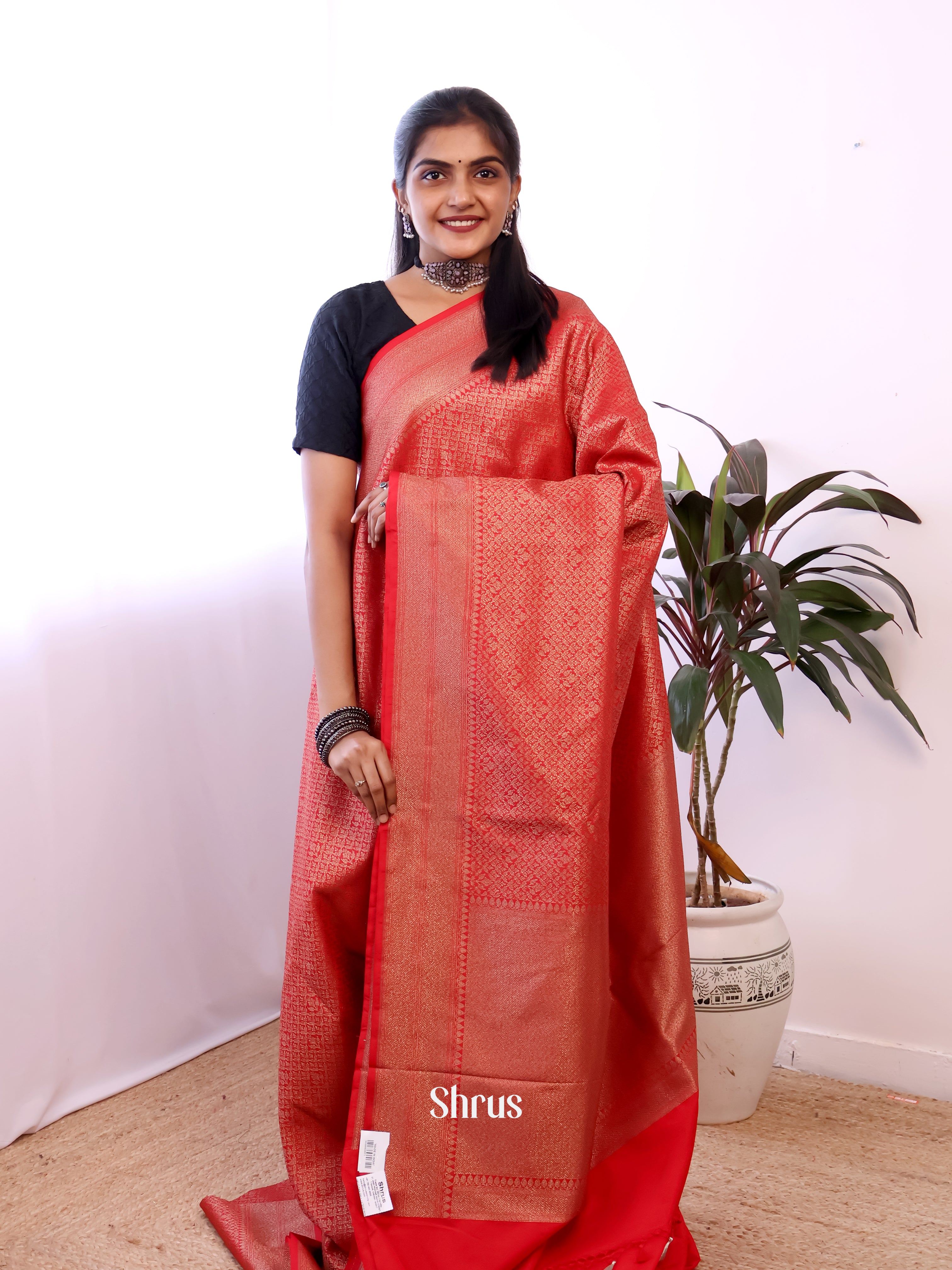 Red - Semi Banarasi Saree - Shop on Shrus.com