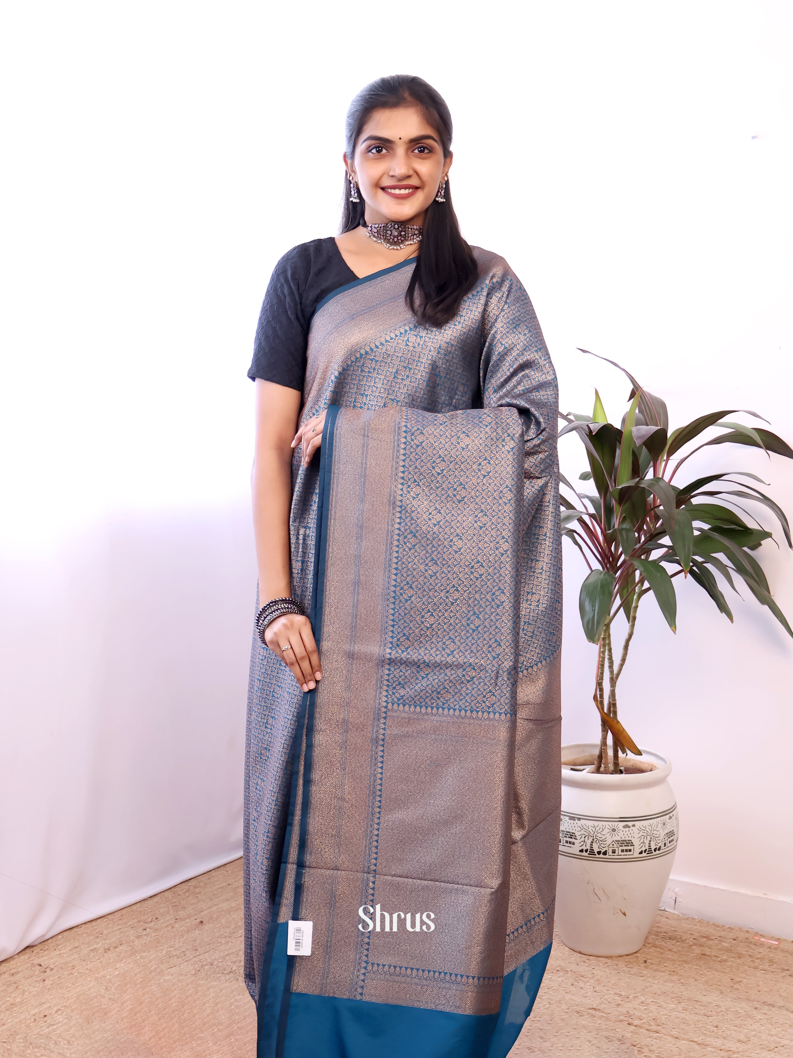 Blue - Semi Banarasi Saree - Shop on Shrus.com