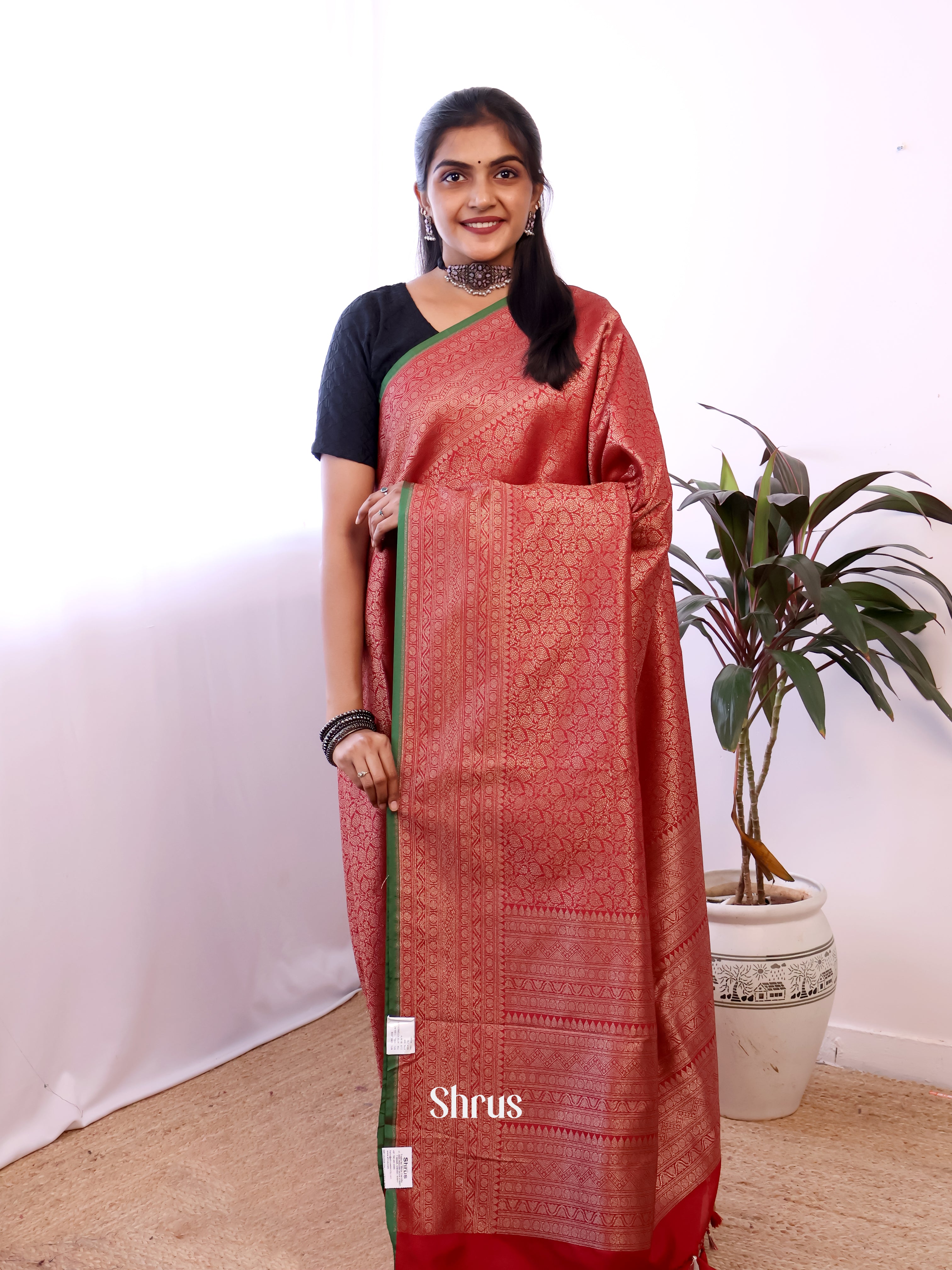 Red - Semi Banarasi Saree - Shop on Shrus.com
