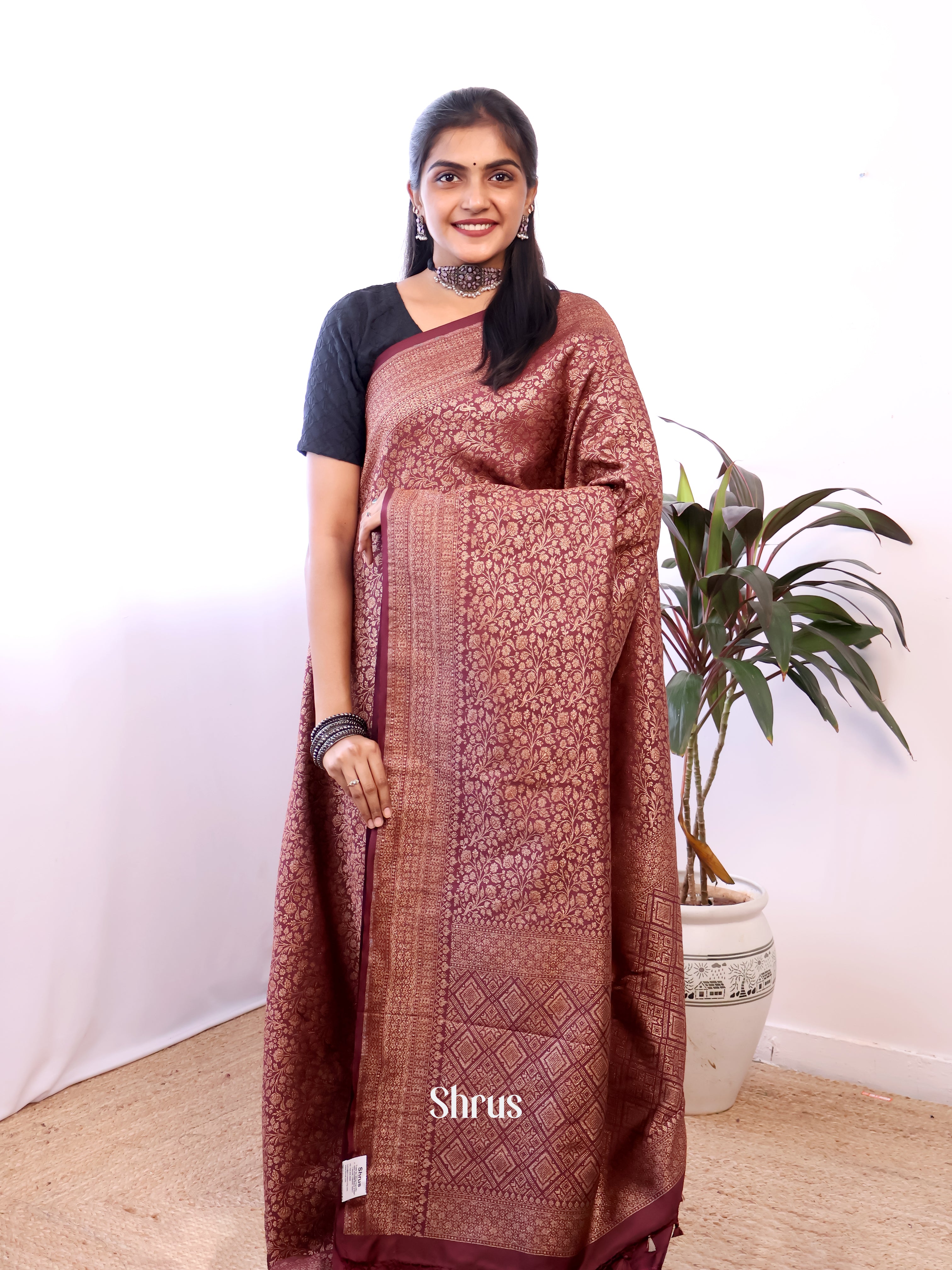 Maroon - Semi Banarasi Saree - Shop on Shrus.com