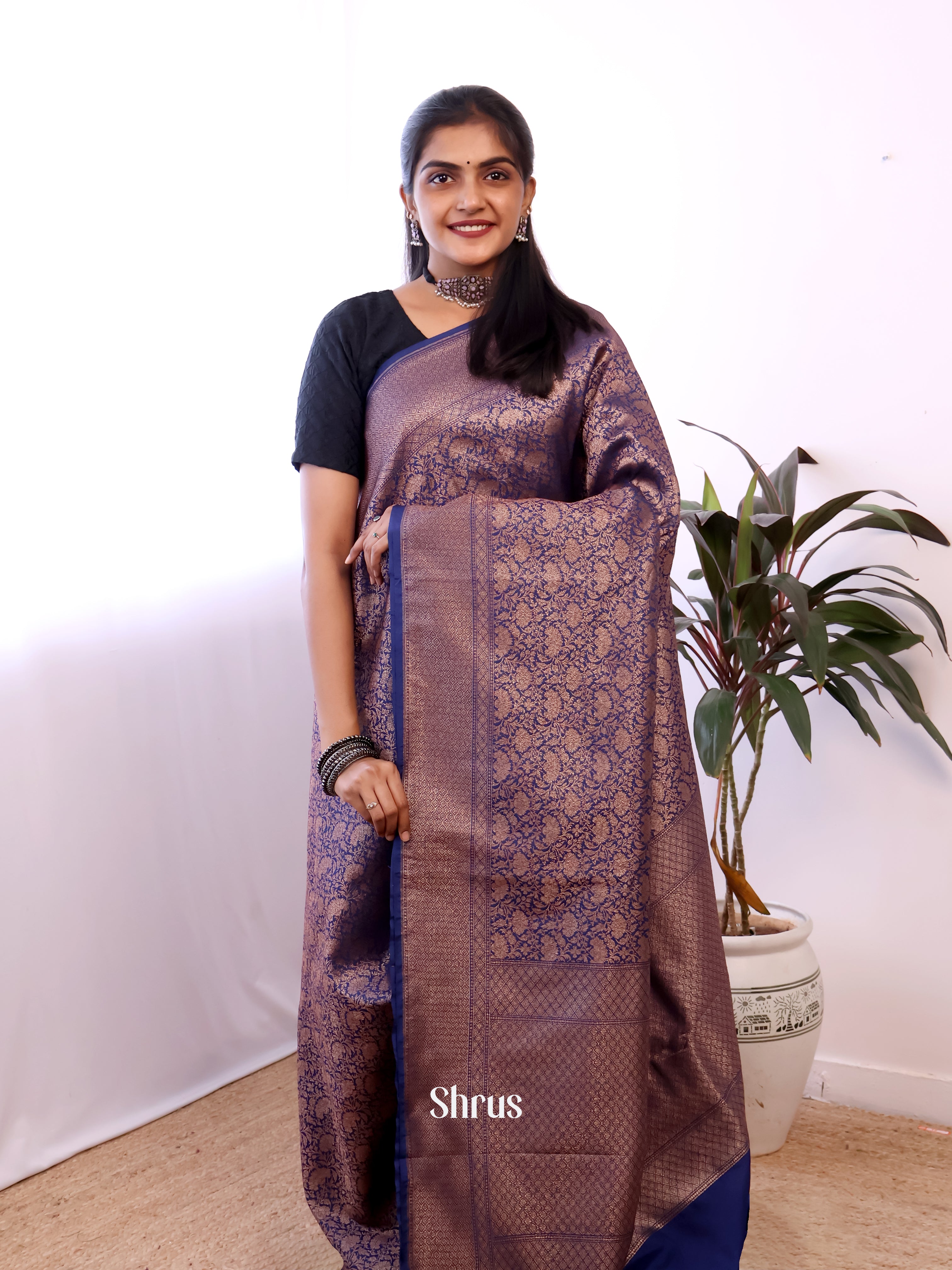 Blue - Semi Banarasi Saree - Shop on Shrus.com