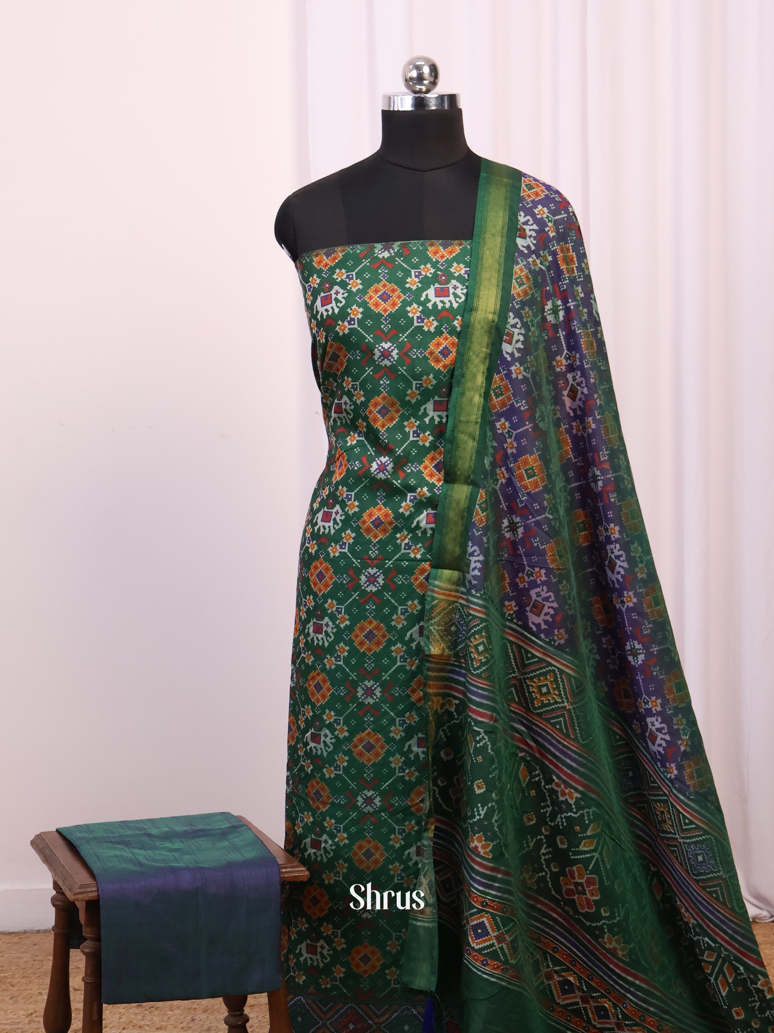Green & Purple - Semi Patola Unstitched Top, Bottom & Dupatta - CJS04194 - Shop on Shrus.com