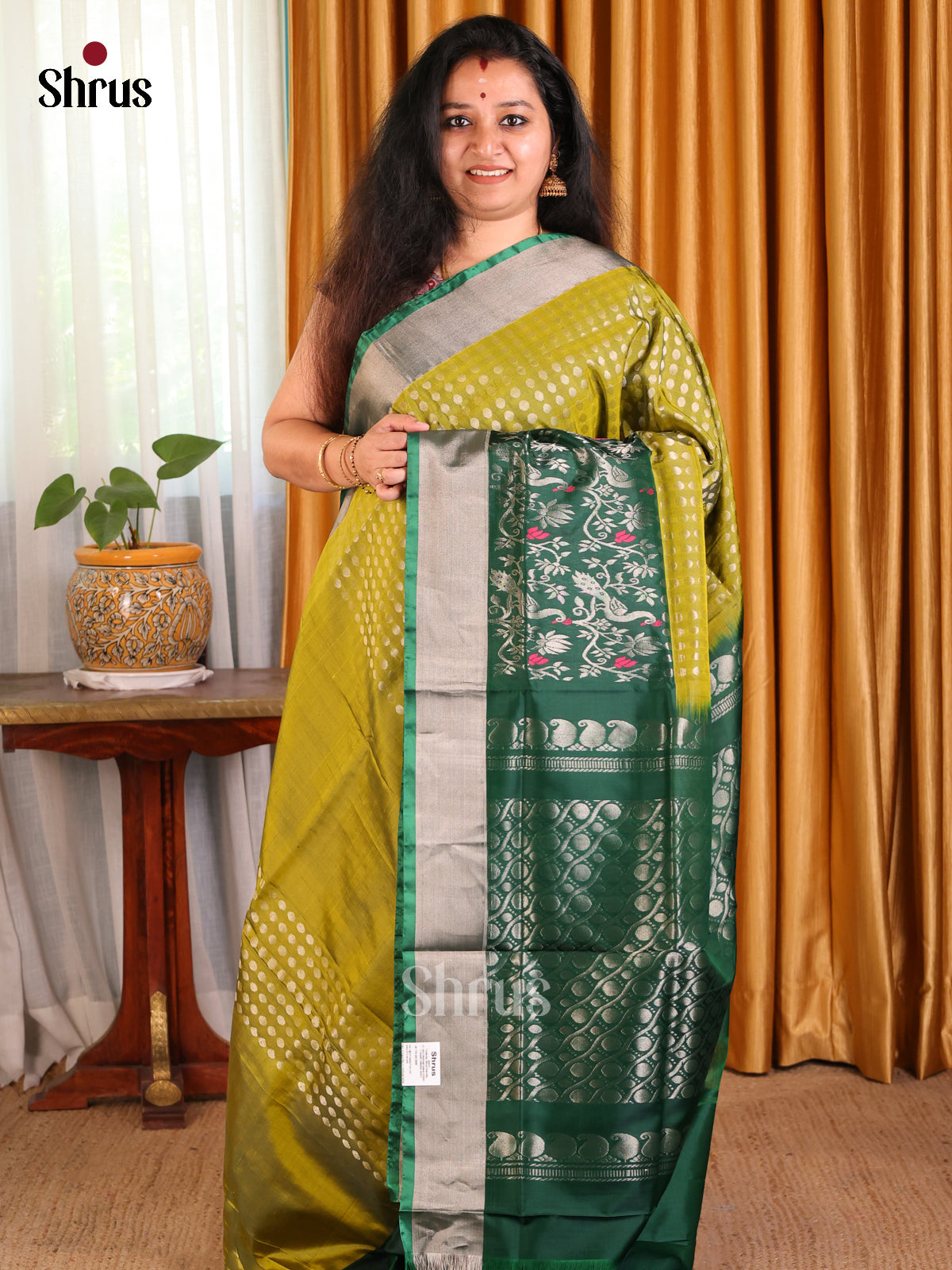 Beautiful Mustard Green Uppada silk Saree with thousand zari buttas & contrast turning botder - Shop on Shrus.com