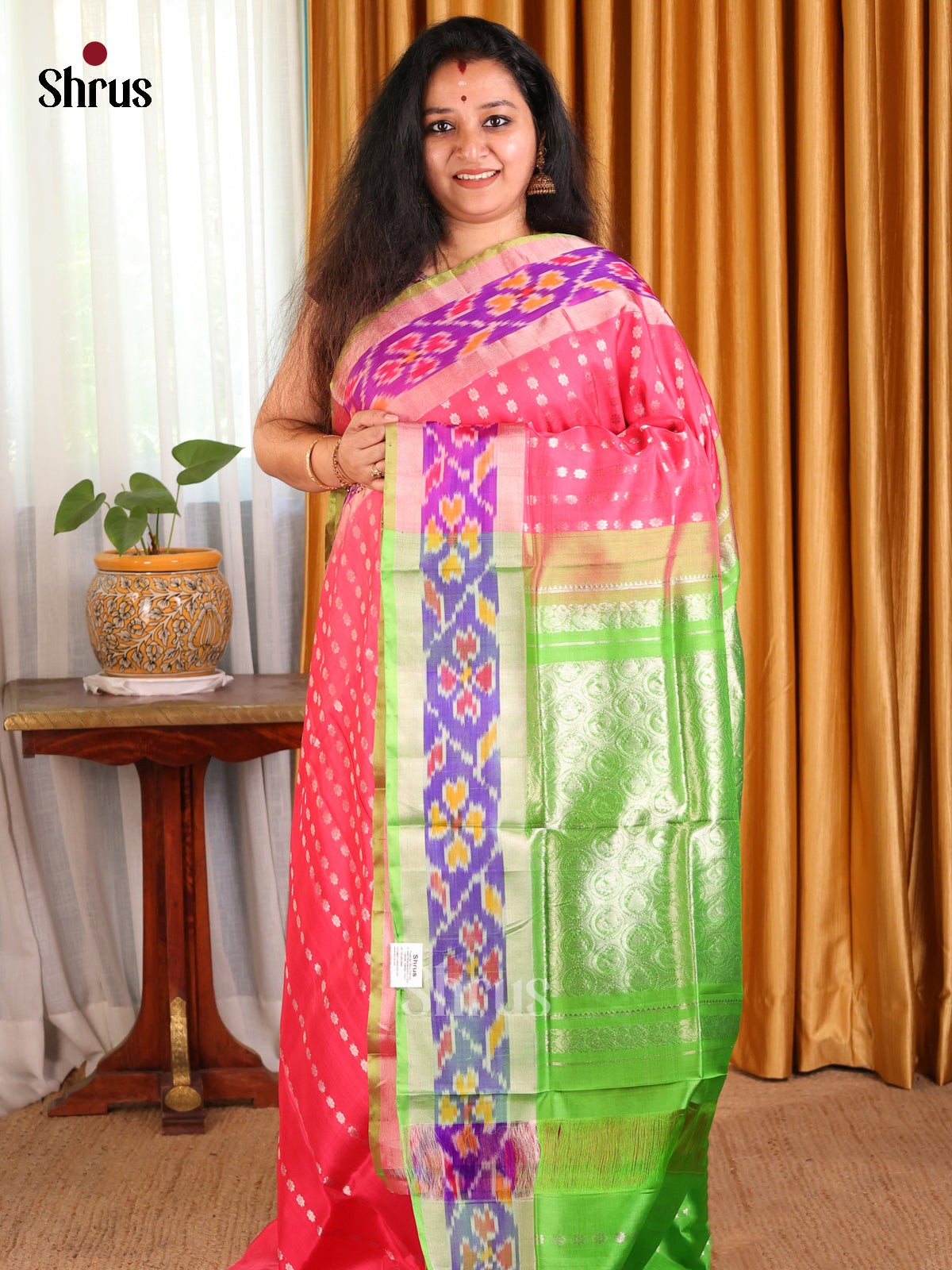 Vibrant Pink Uppada Silk Saree with Green Zari Border & Brocade Pallu