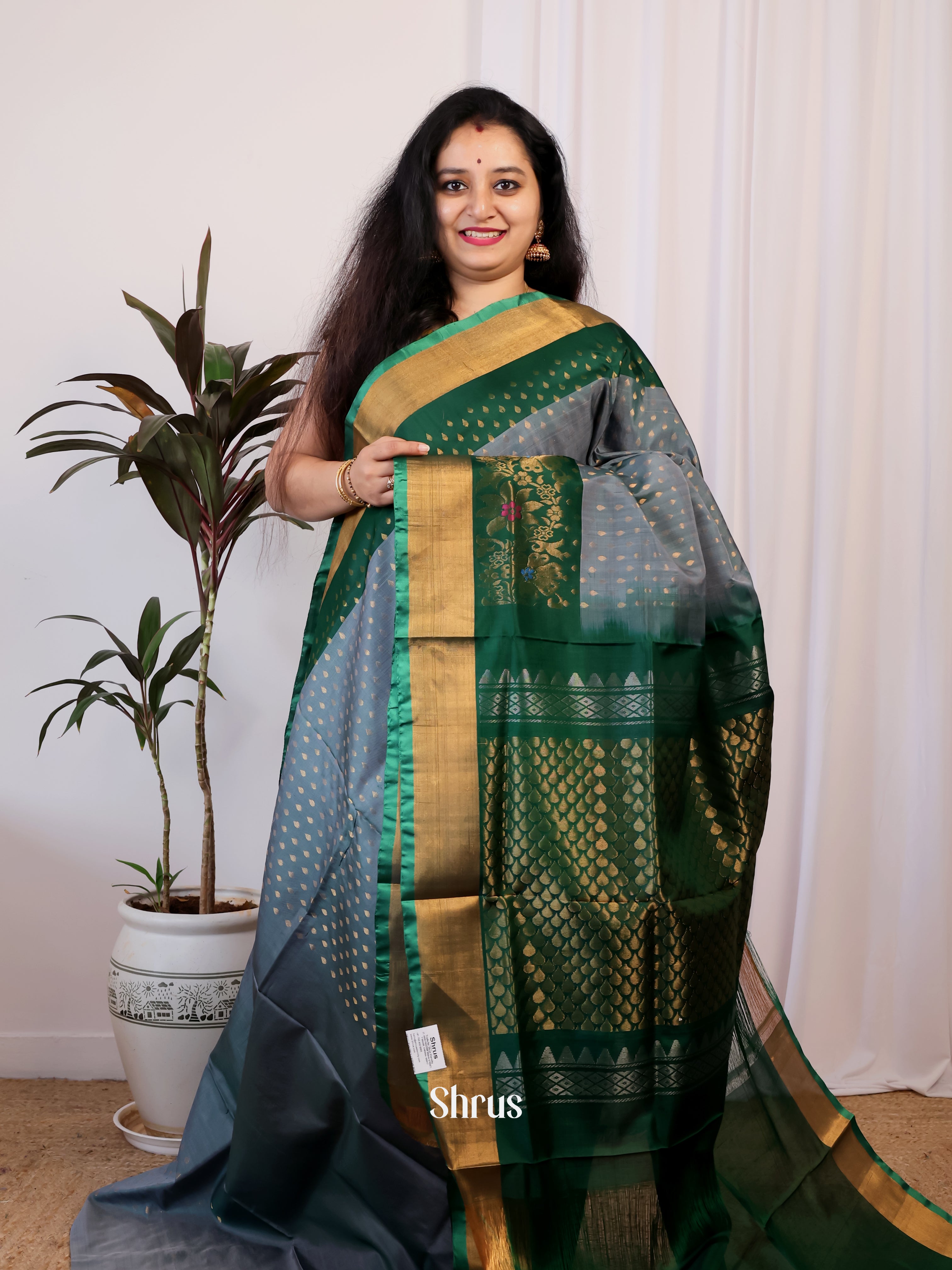 Grey & Green- Uppada silk Saree - Shop on Shrus.com