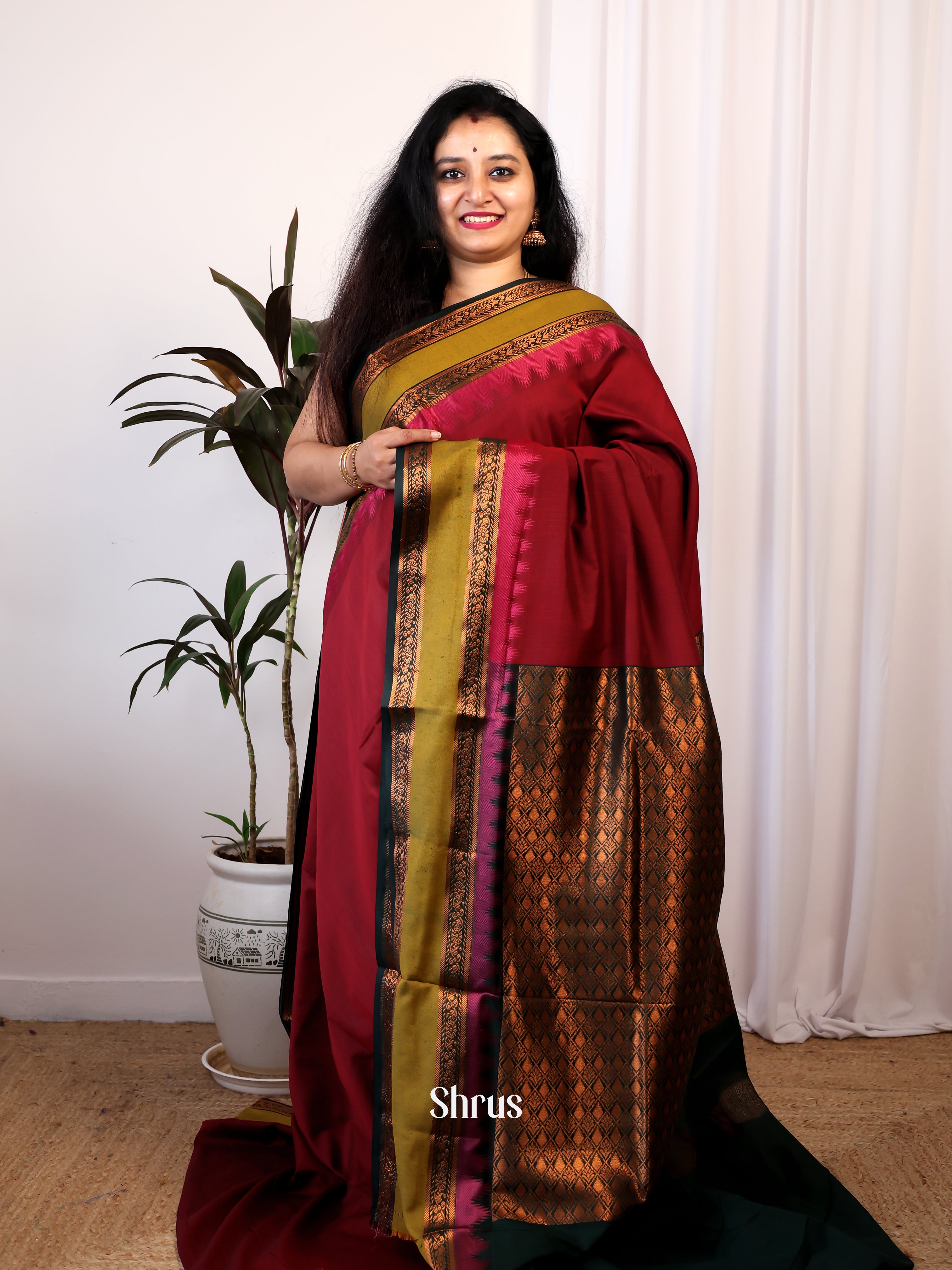 Maroon & Green - Kalyani Cotton Saree - Shop on Shrus.com