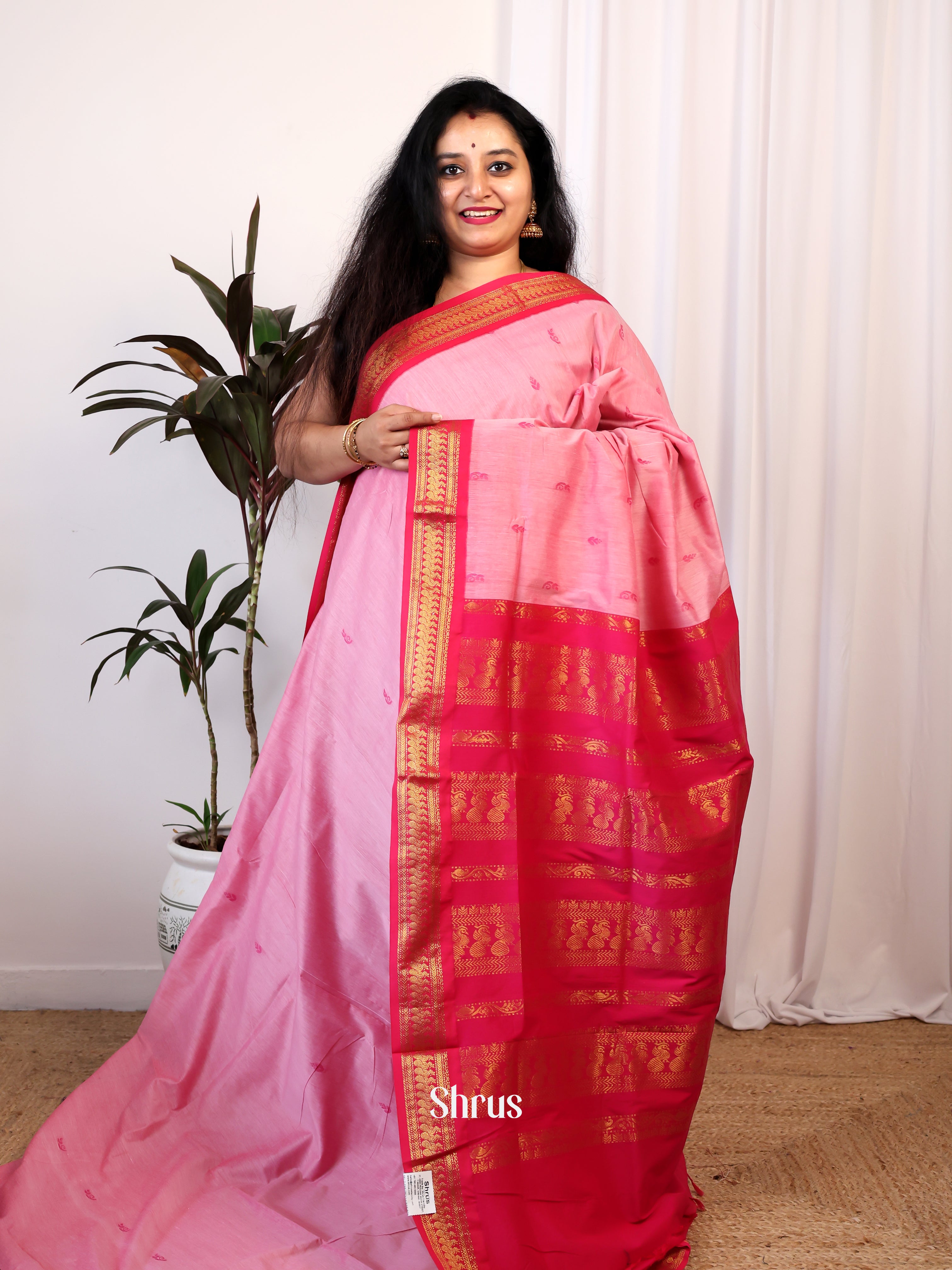 Pink & Red - Kalyani Cotton Saree - Shop on Shrus.com