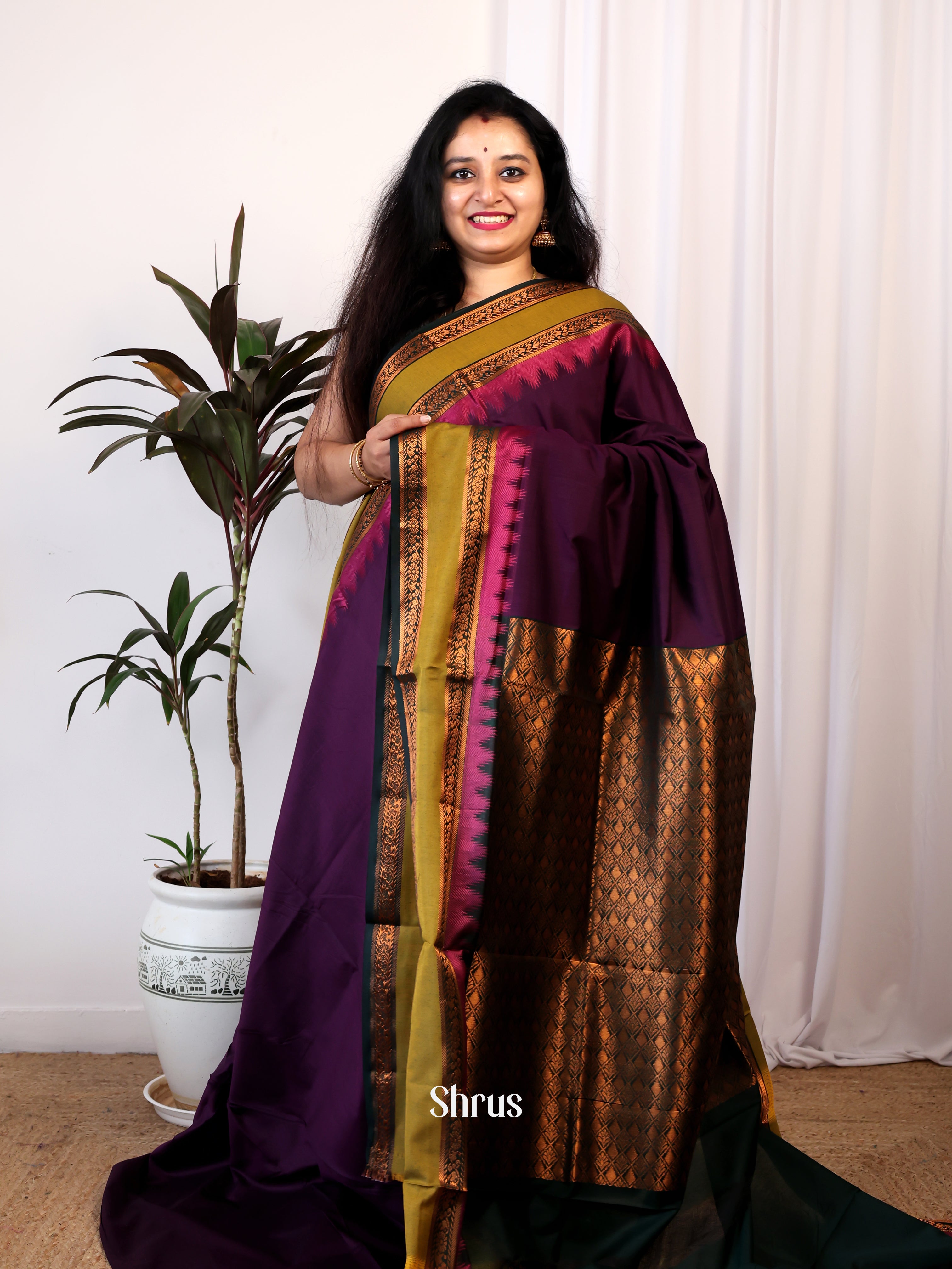 Purple & Green- Kalyani Cotton Saree - Shop on Shrus.com