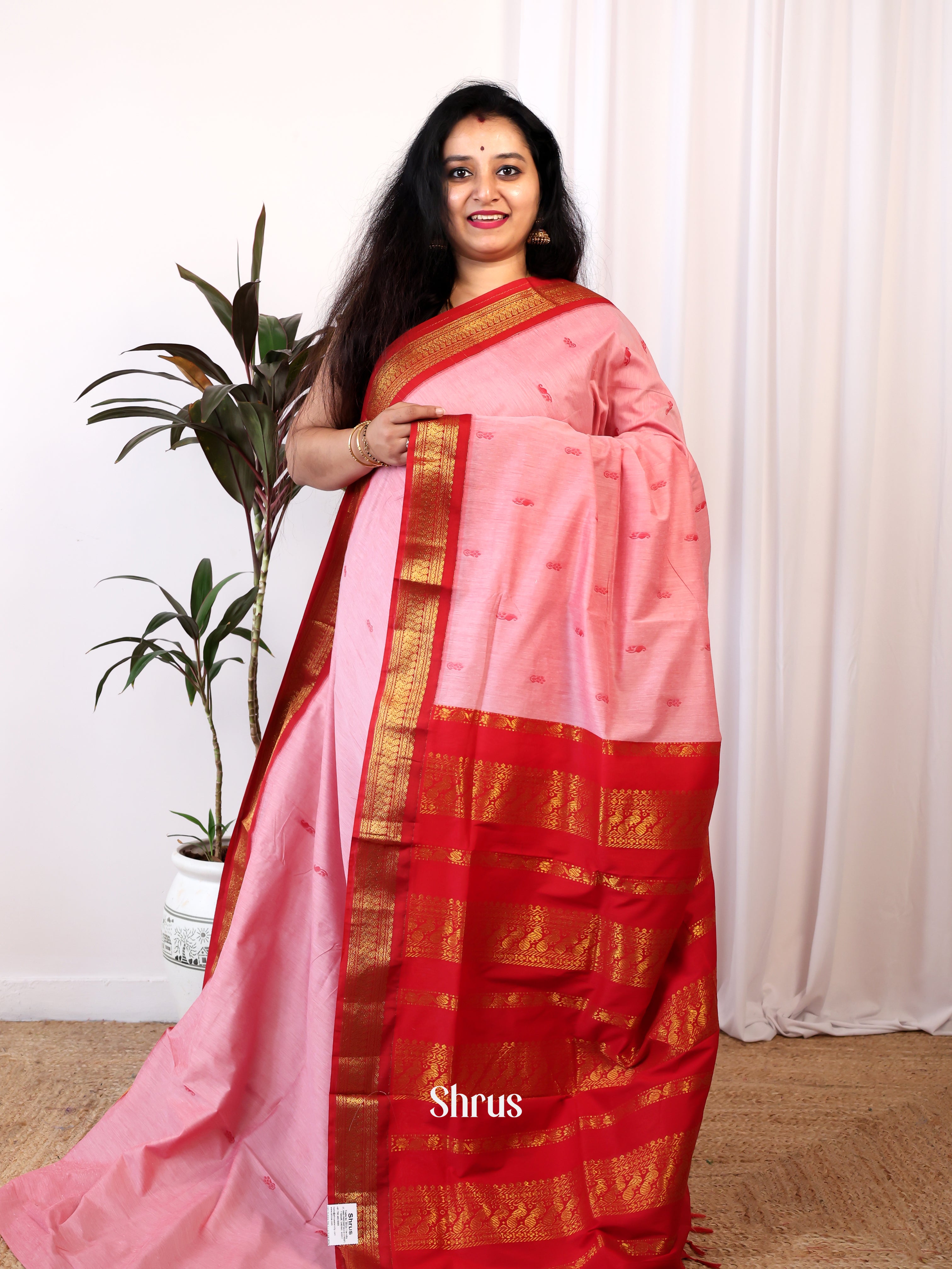 Pink & Red - Kalyani Cotton Saree - Shop on Shrus.com