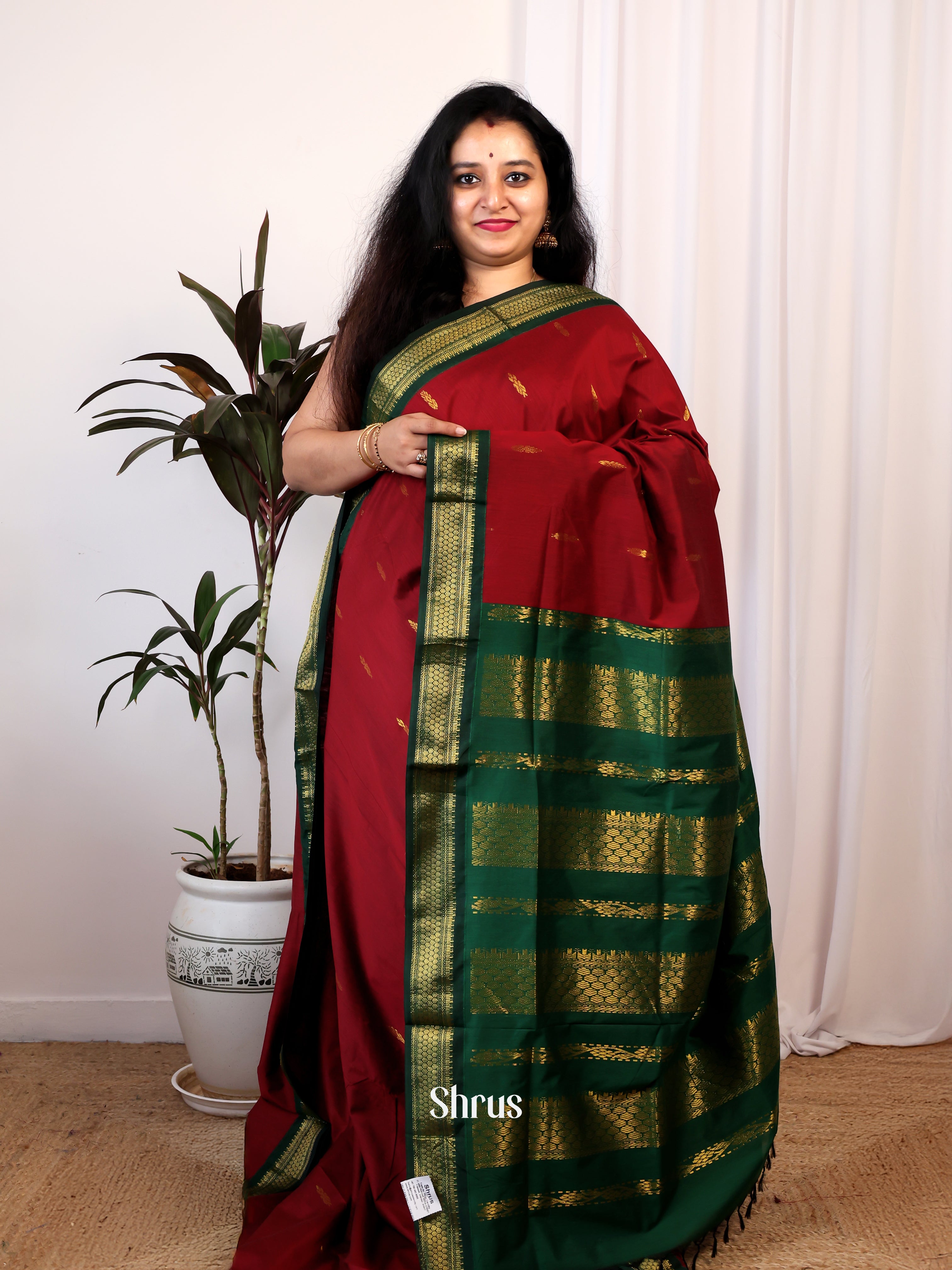 Maroon & Green - Kalyani Cotton Saree - Shop on Shrus.com