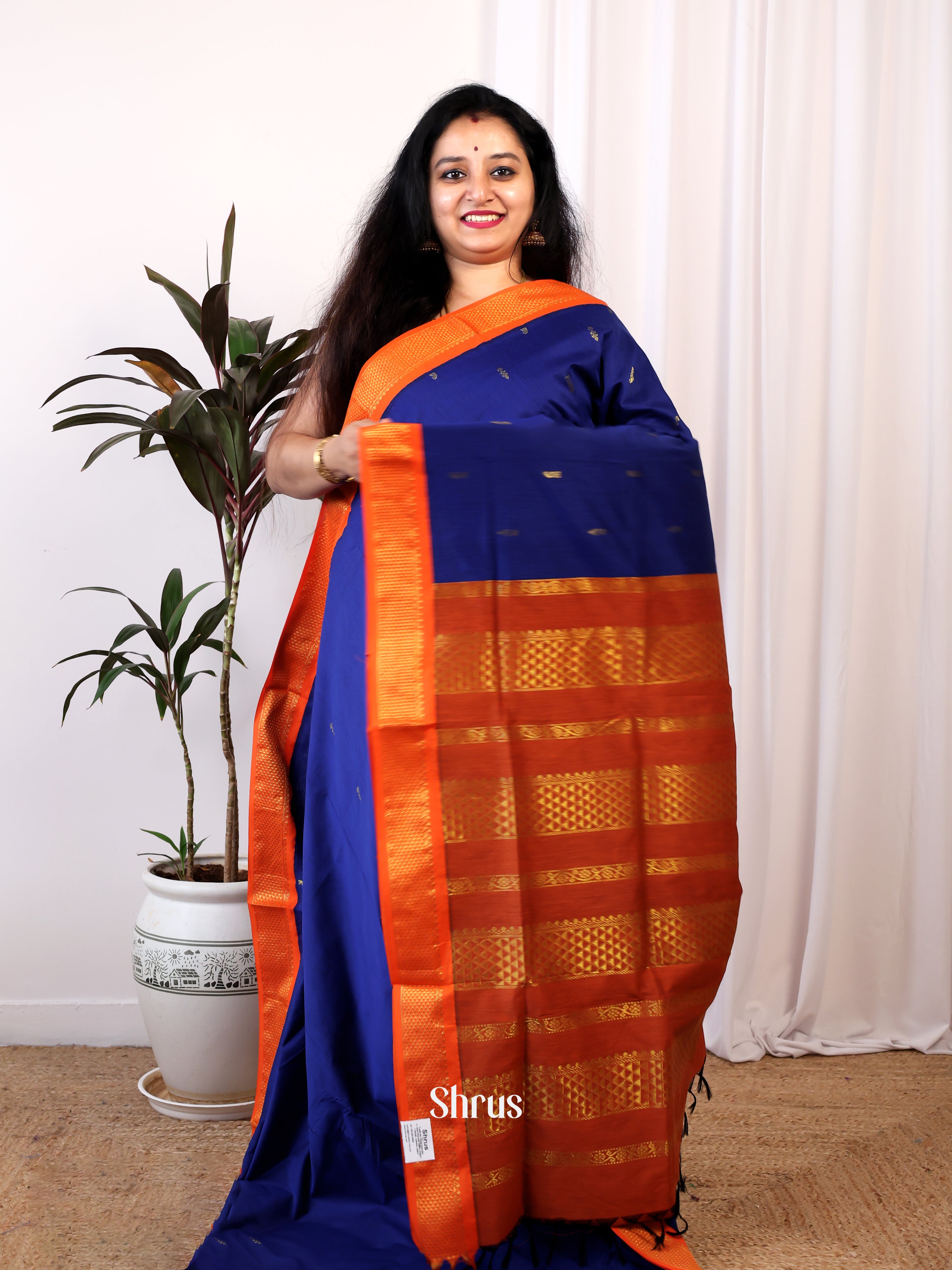 Blue & Orange - Kalyani Cotton Saree - Shop on Shrus.com