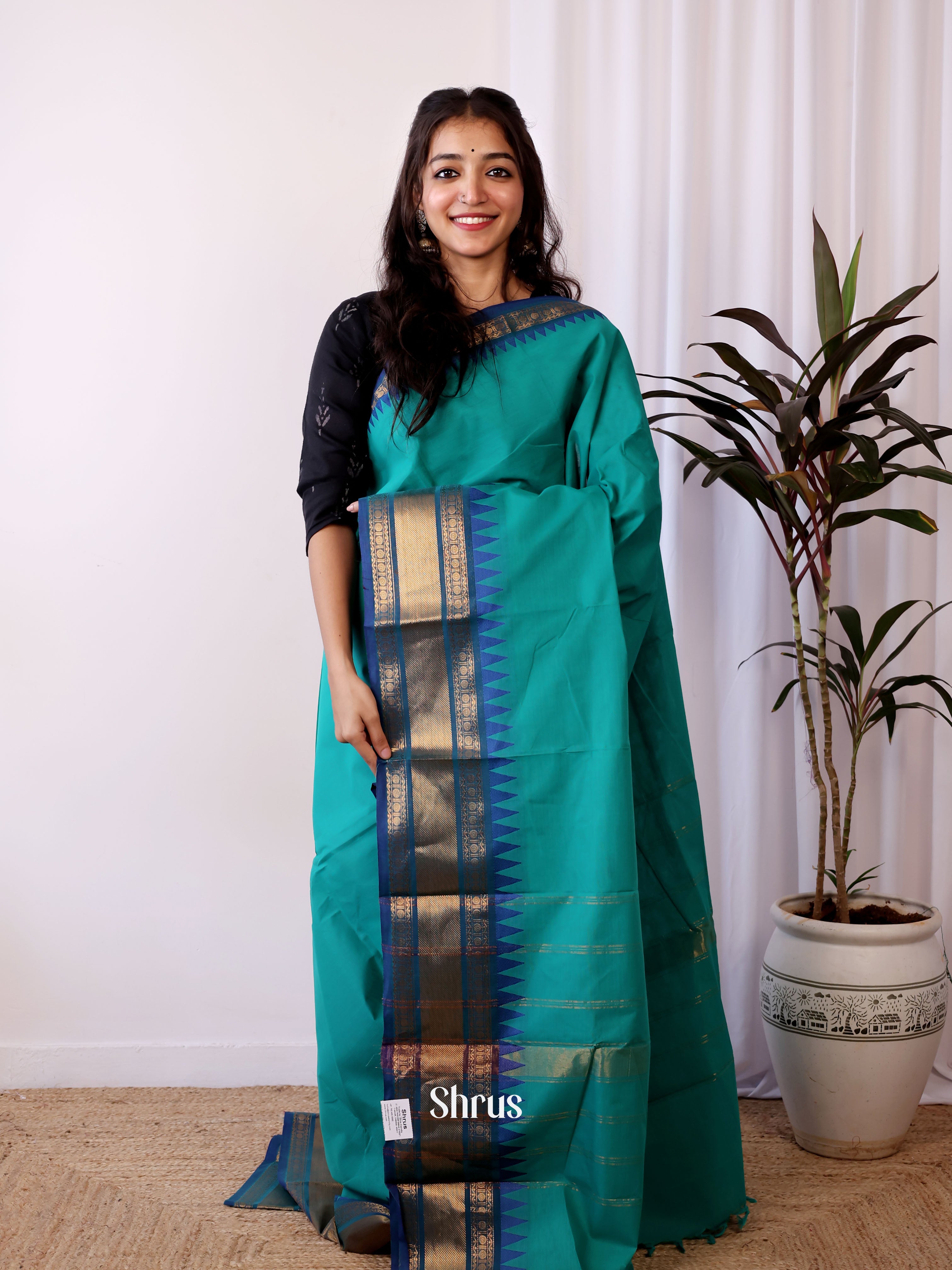 Teal & Blue - Chettinad Cotton Saree - Shop on Shrus.com