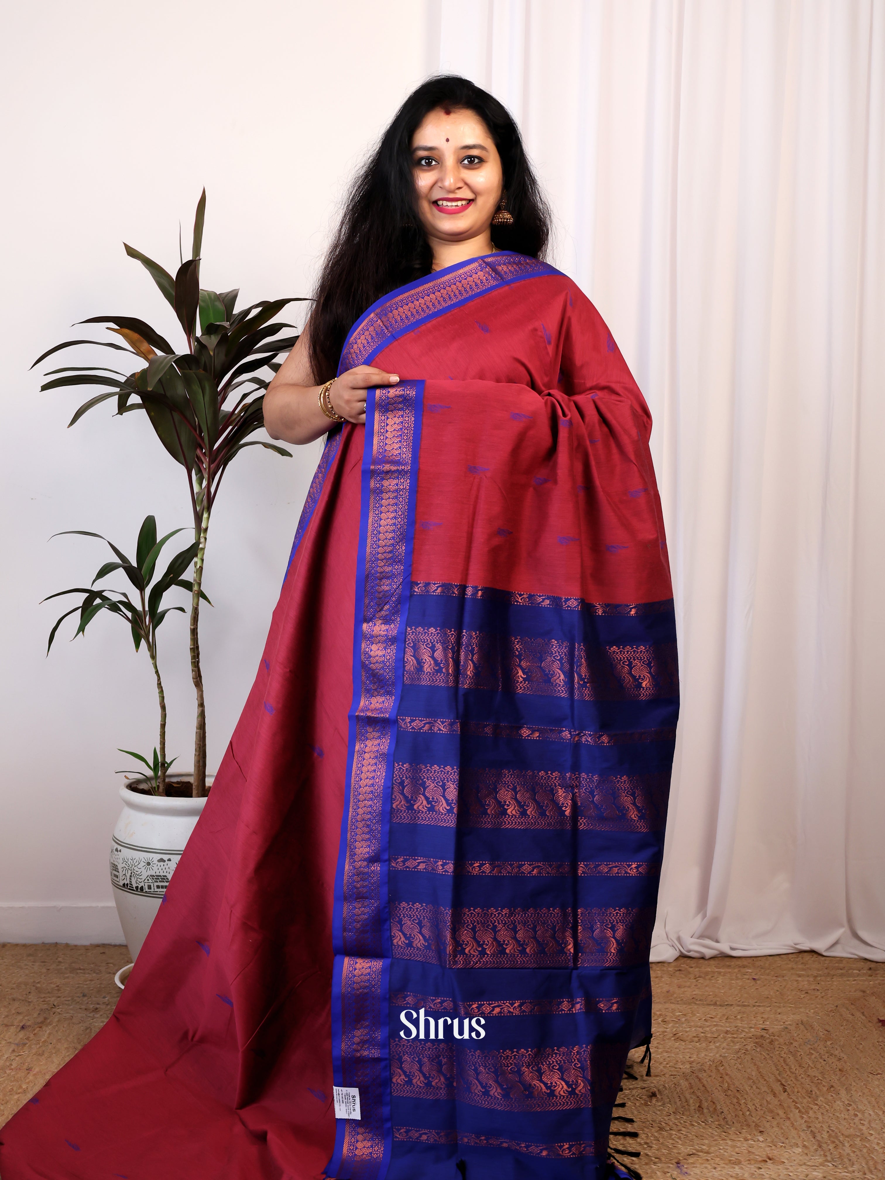 maroon & Blue - Kalyani Cotton Saree - Shop on Shrus.com