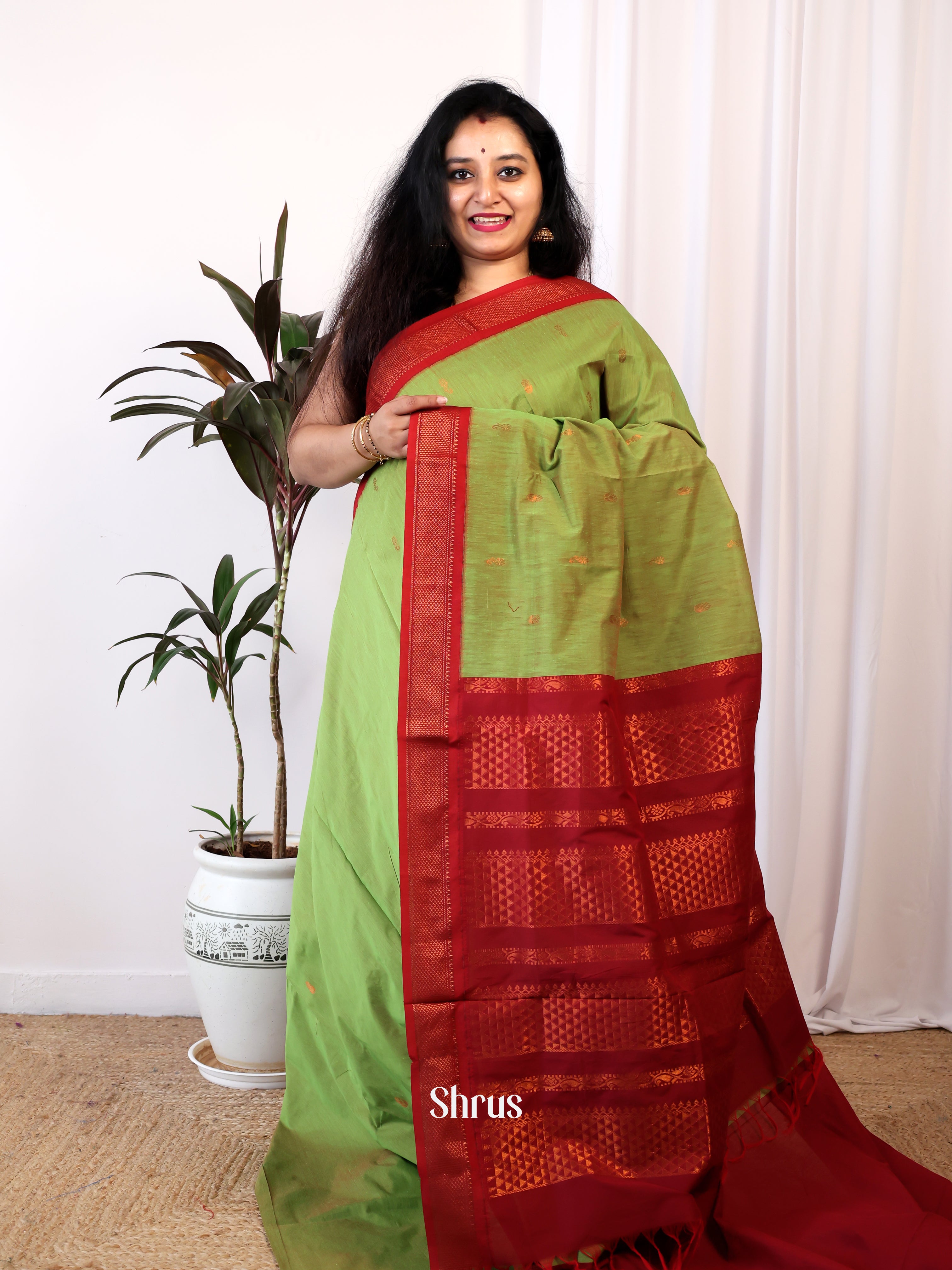 Green & Red - Kalyani Cotton Saree - Shop on Shrus.com