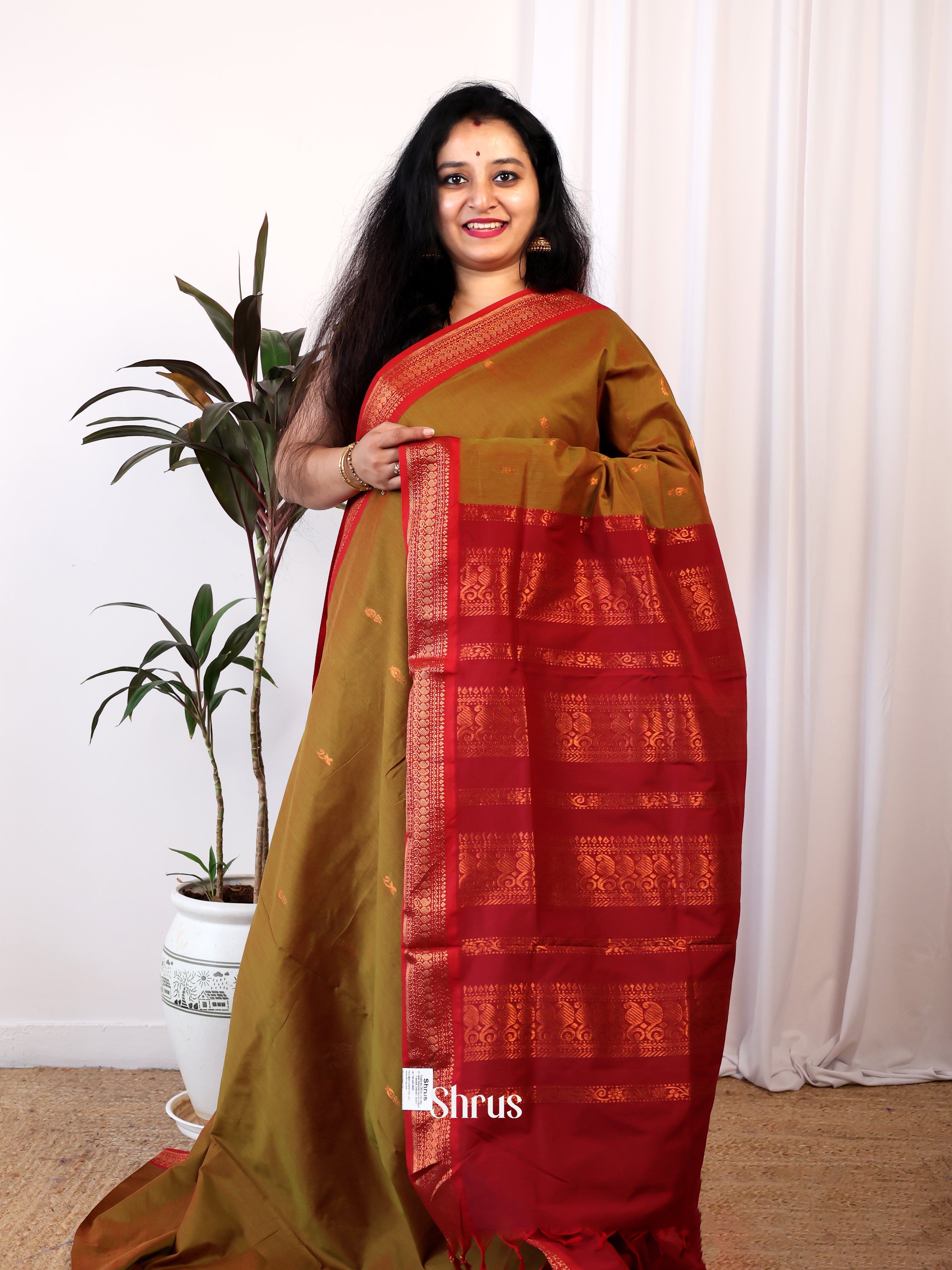 Mehandi Green & Red- Kalyani Cotton Saree - Shop on Shrus.com