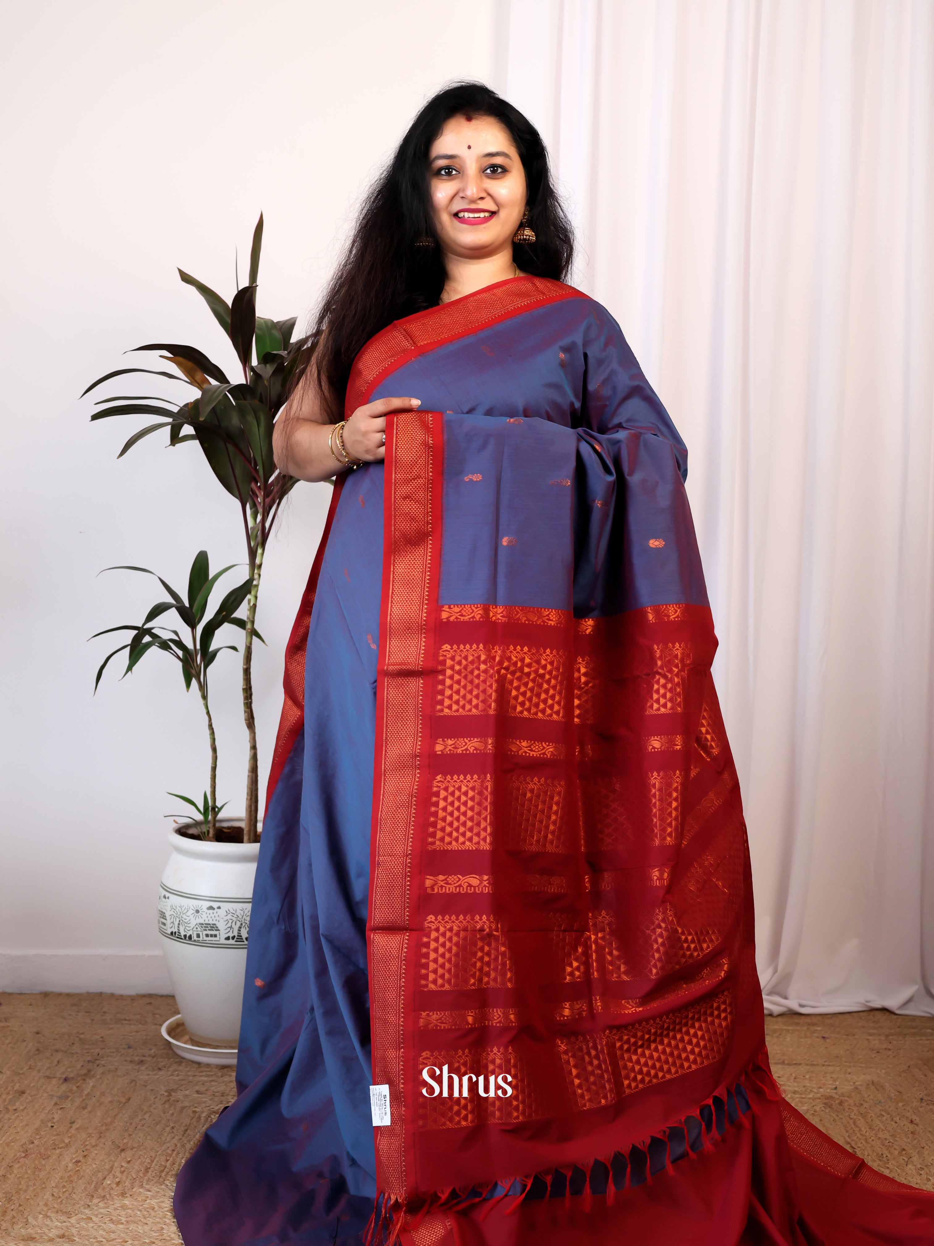 Blue & Red - Kalyani Cotton Saree - Shop on Shrus.com