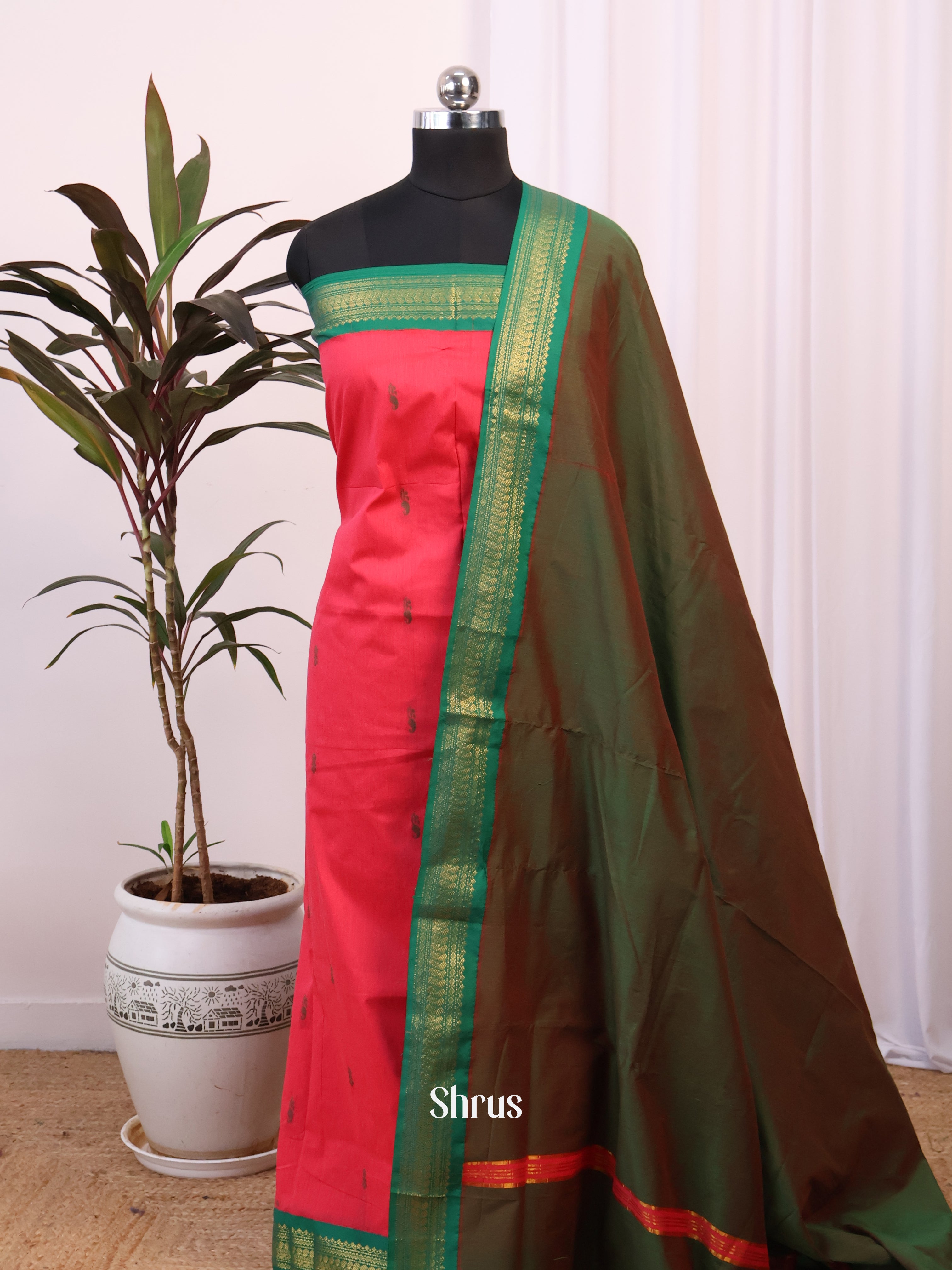 Red & Green - Kalyani Cotton unstitched Top & Dupatta - CJS05238 - Shop on Shrus.com