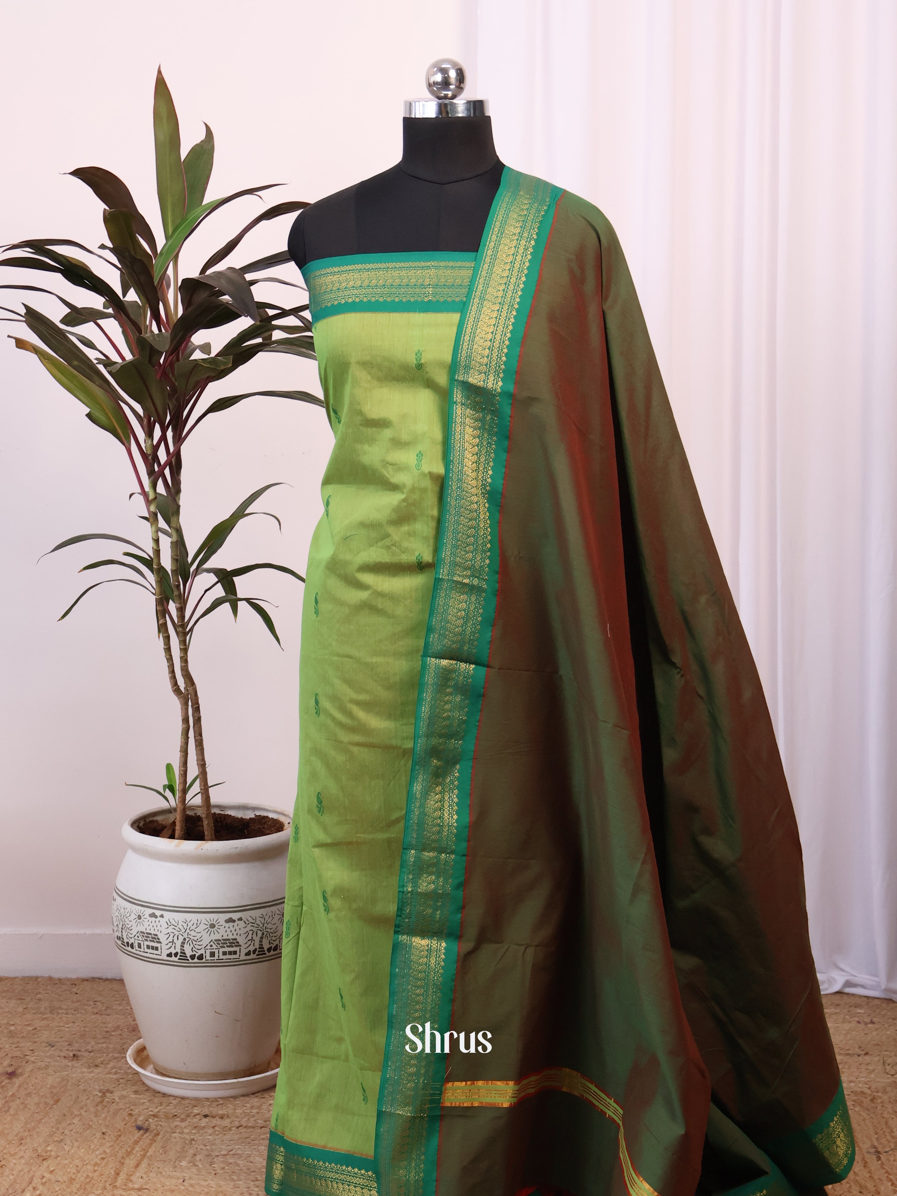 Lite Green & Double Shaded Green - Kalyani Cotton salwar unstitch - Shop on Shrus.com
