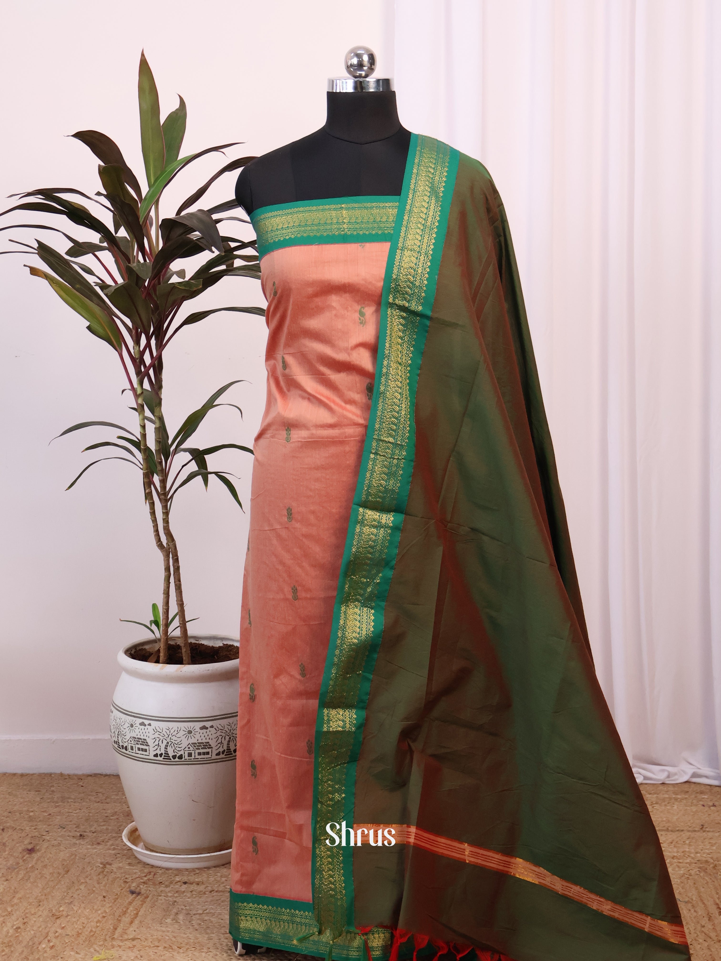 Onion Pink & Green - Kalyani Cotton salwar unstitch - Shop on Shrus.com