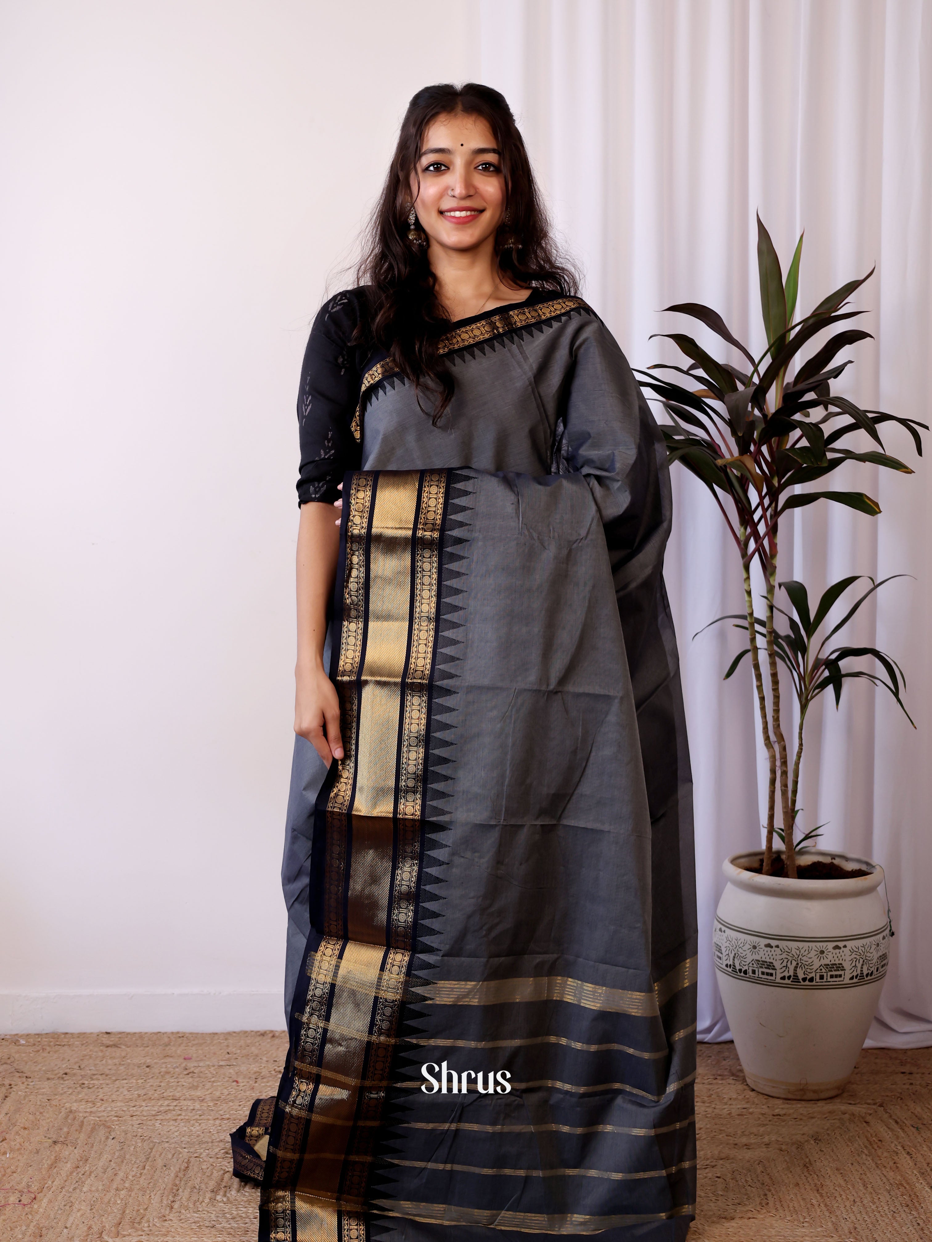 Grey& Black - Chettinad Cotton Saree - Shop on Shrus.com