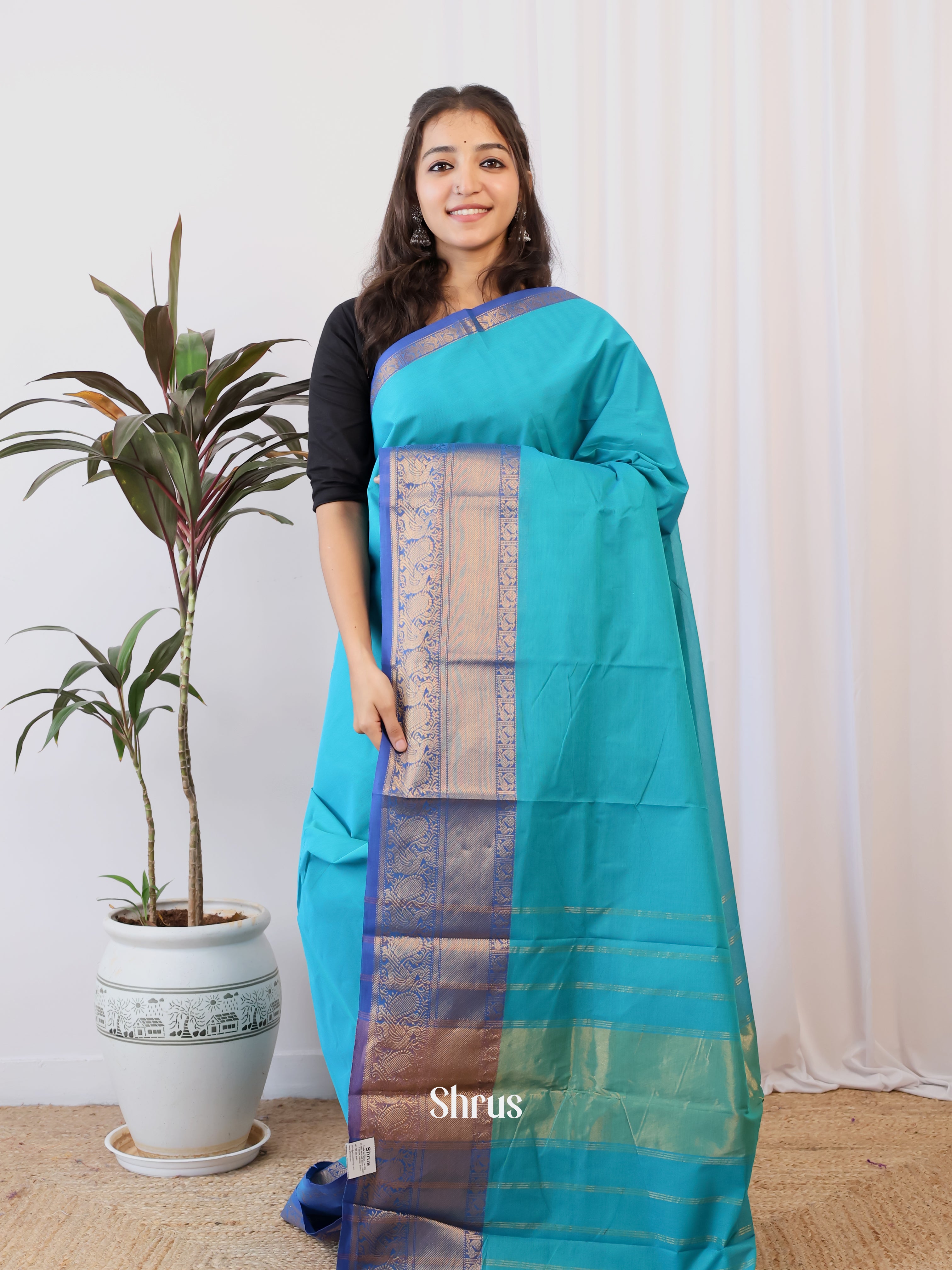 Teal & Blue- Chettinad Cotton Saree - Shop on Shrus.com