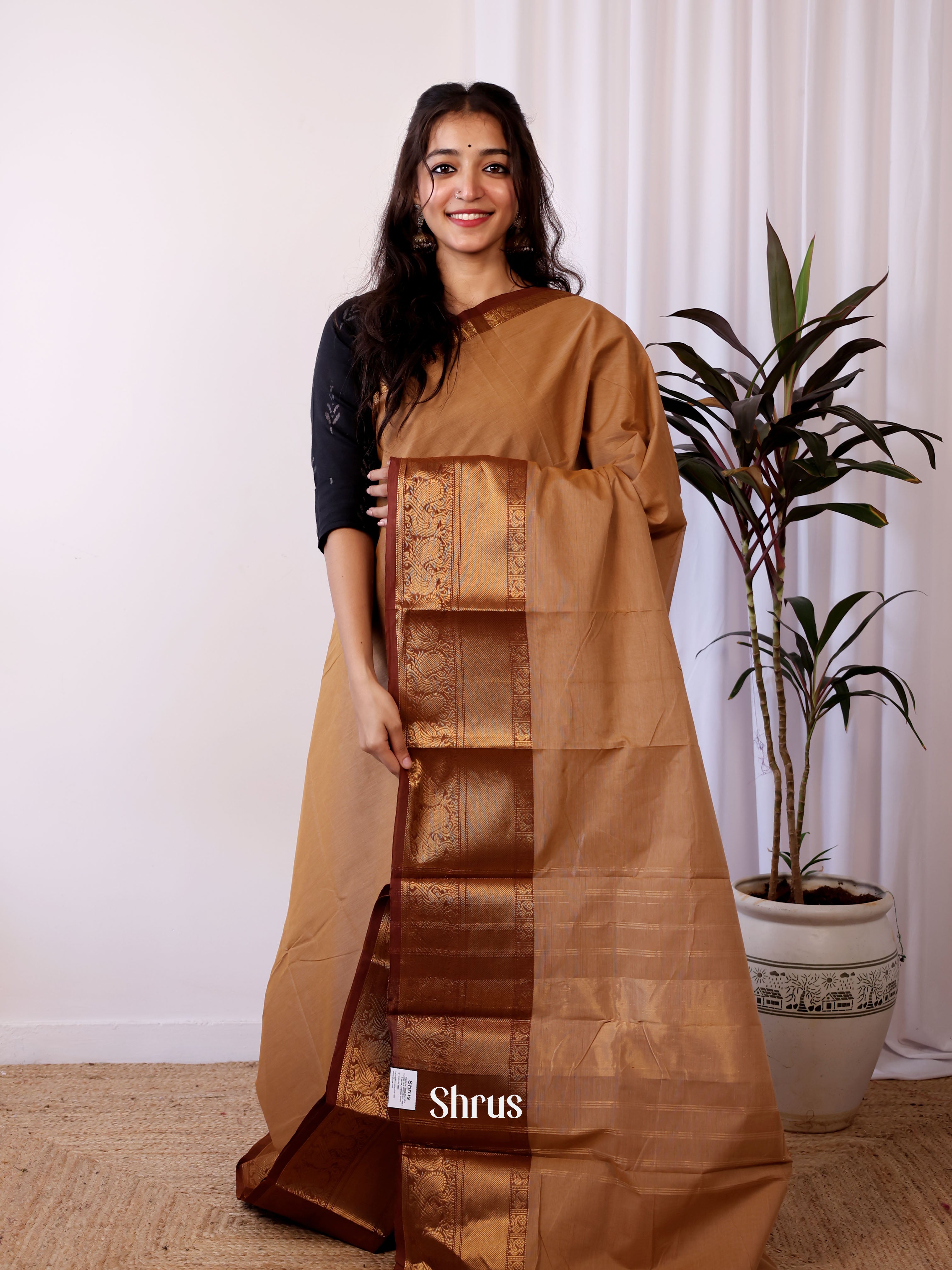 Lite & Dark Brown - Chettinad Cotton Saree - Shop on Shrus.com