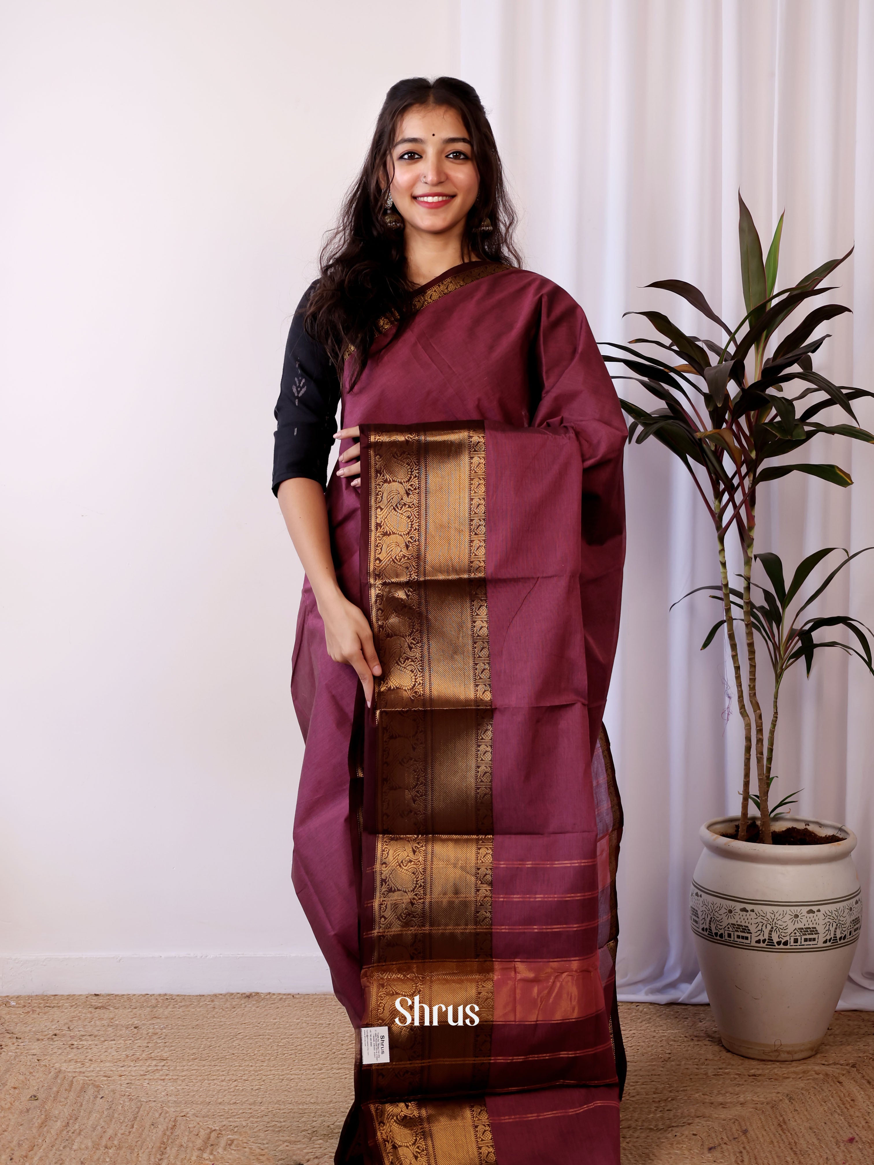 Wine & Brown - Chettinad Cotton Saree - Shop on Shrus.com