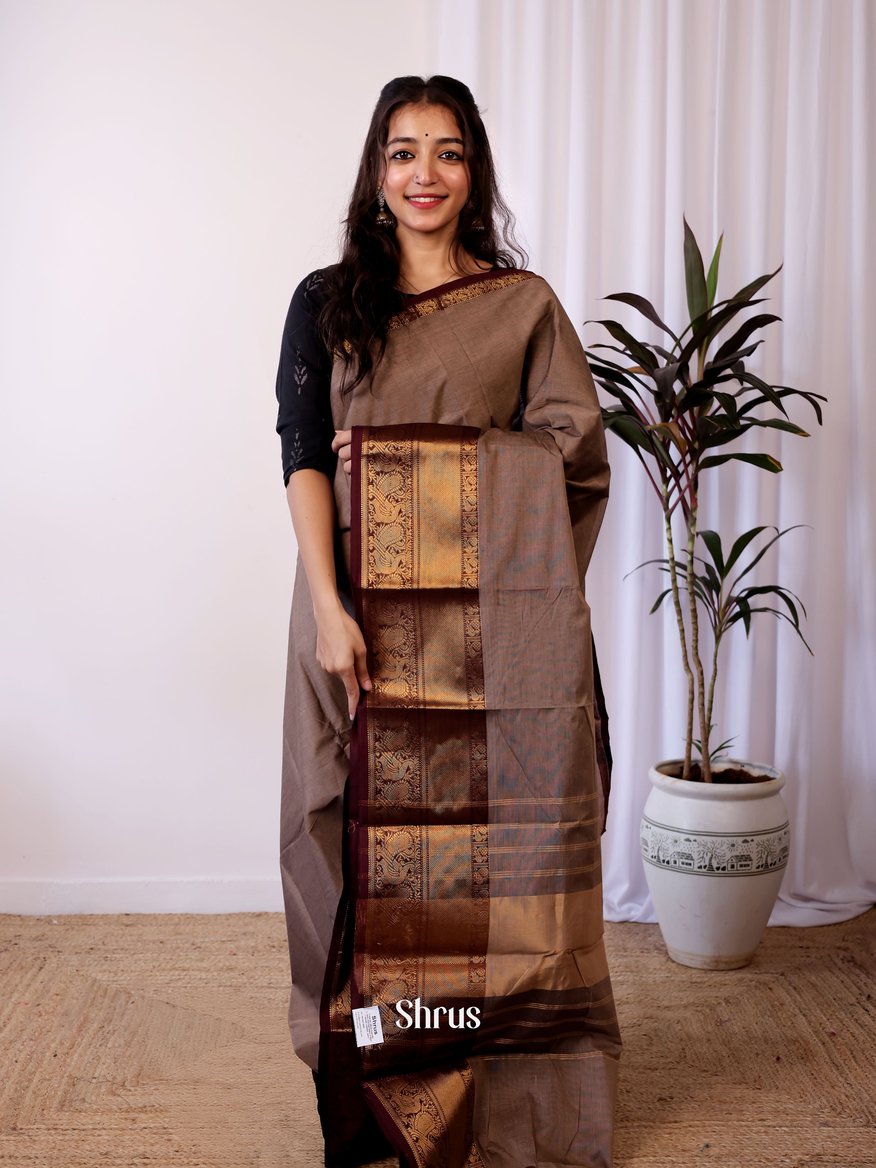Grey & Brown - Chettinad Cotton Saree - Shop on Shrus.com