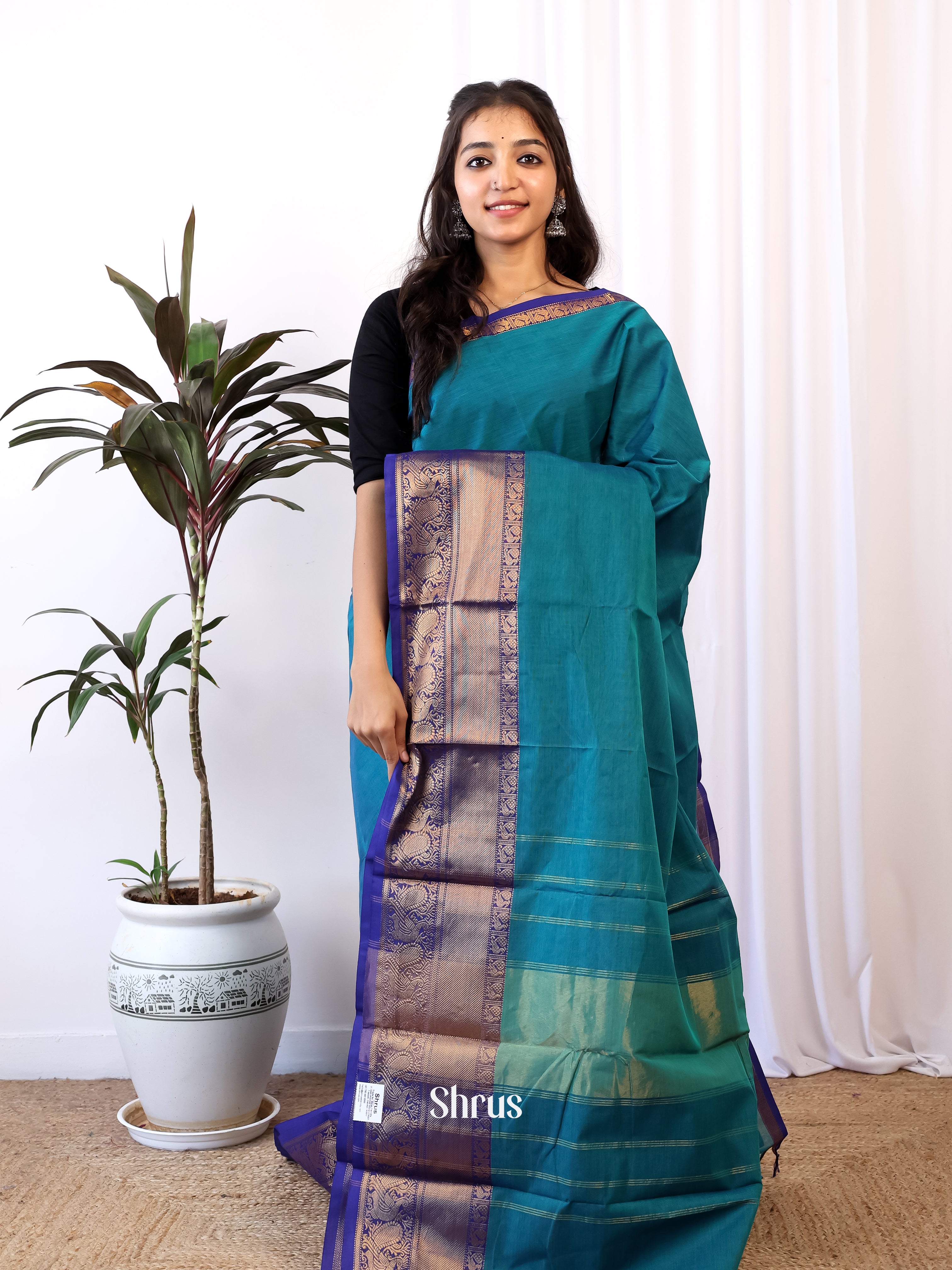 Teal & Blue - Chettinad Cotton Saree - Shop on Shrus.com