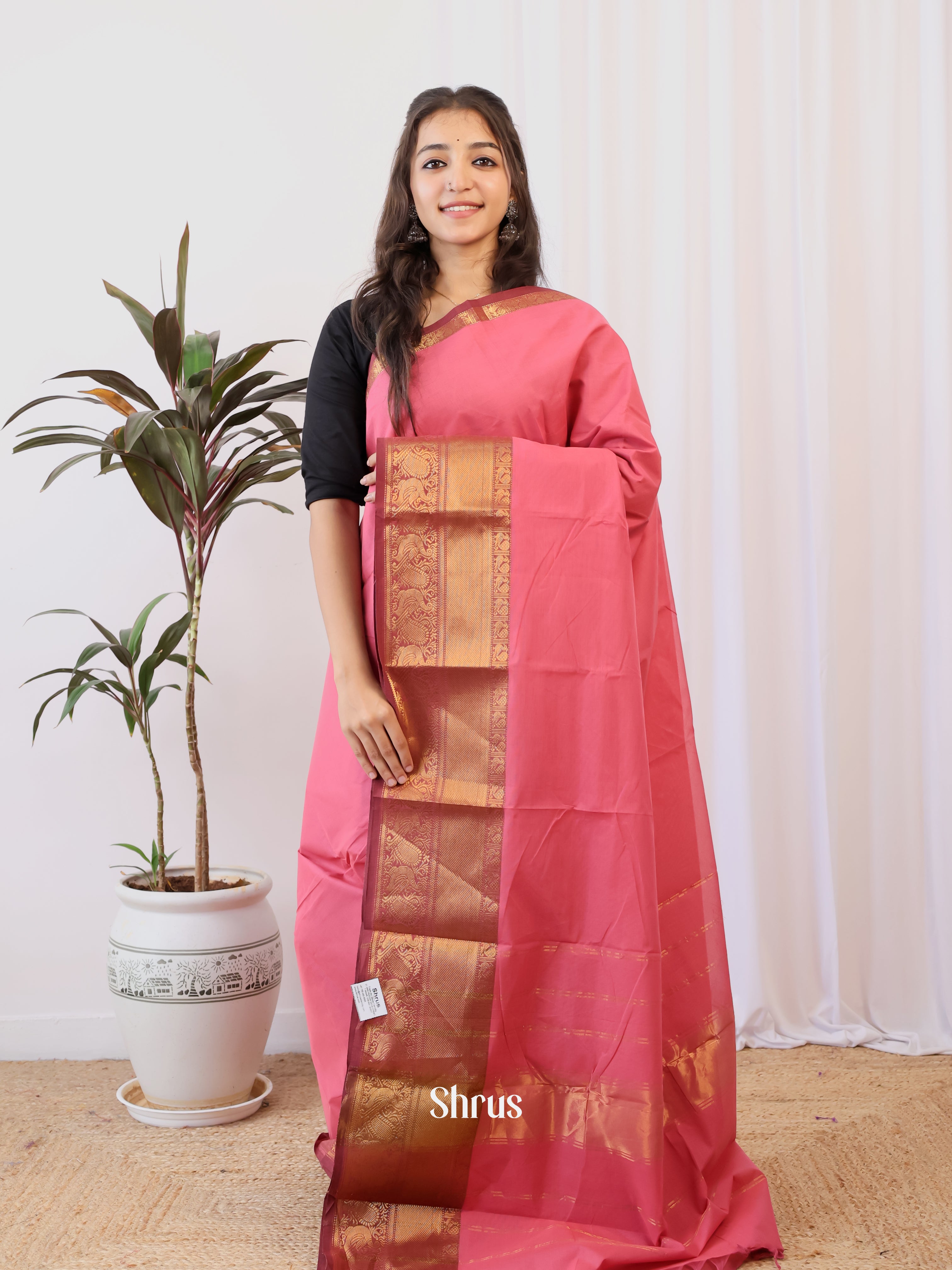 Pink & Brown- Chettinad Cotton Saree - Shop on Shrus.com