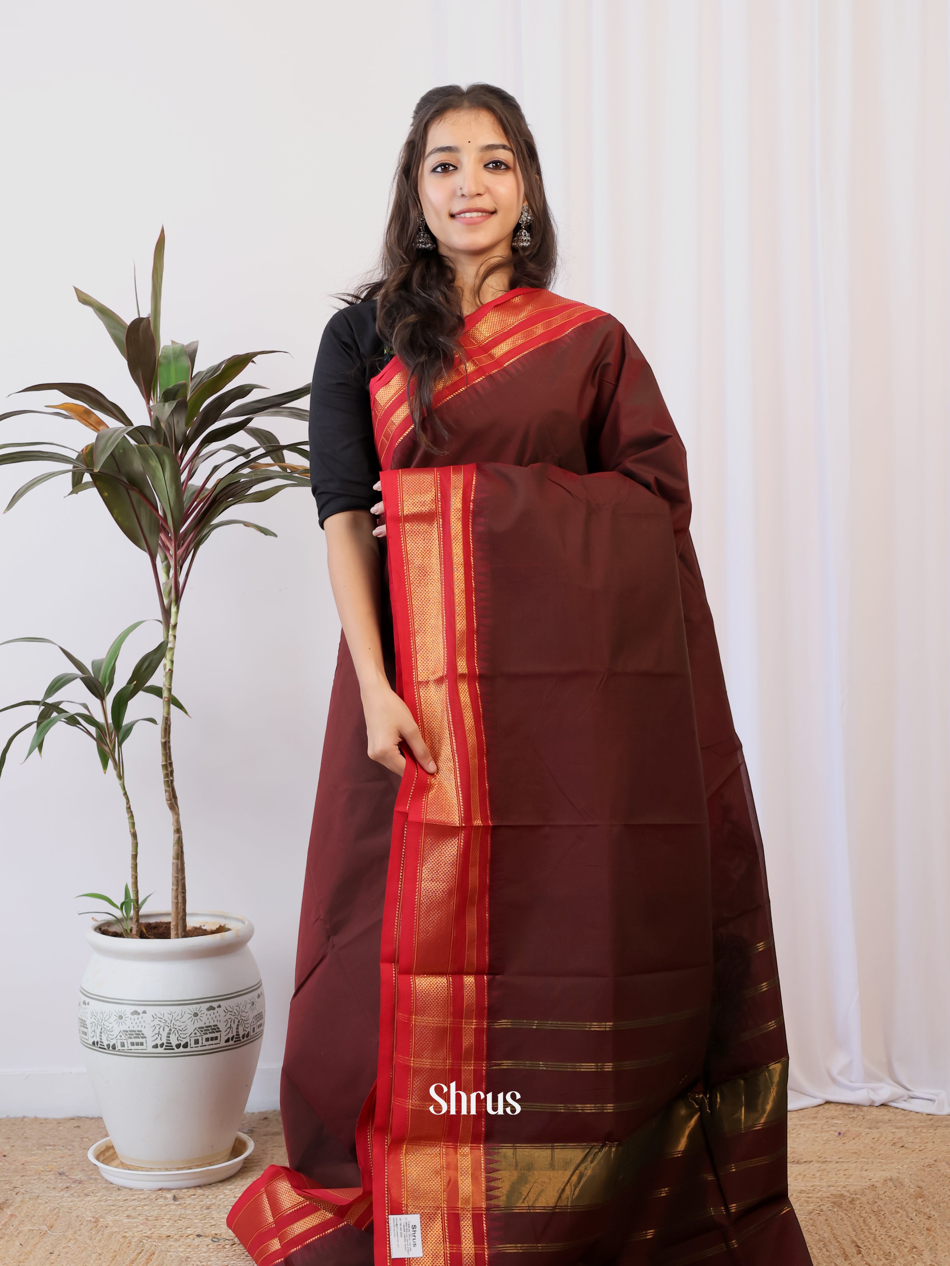 Brown & Red- Chettinad Cotton Saree - Shop on Shrus.com