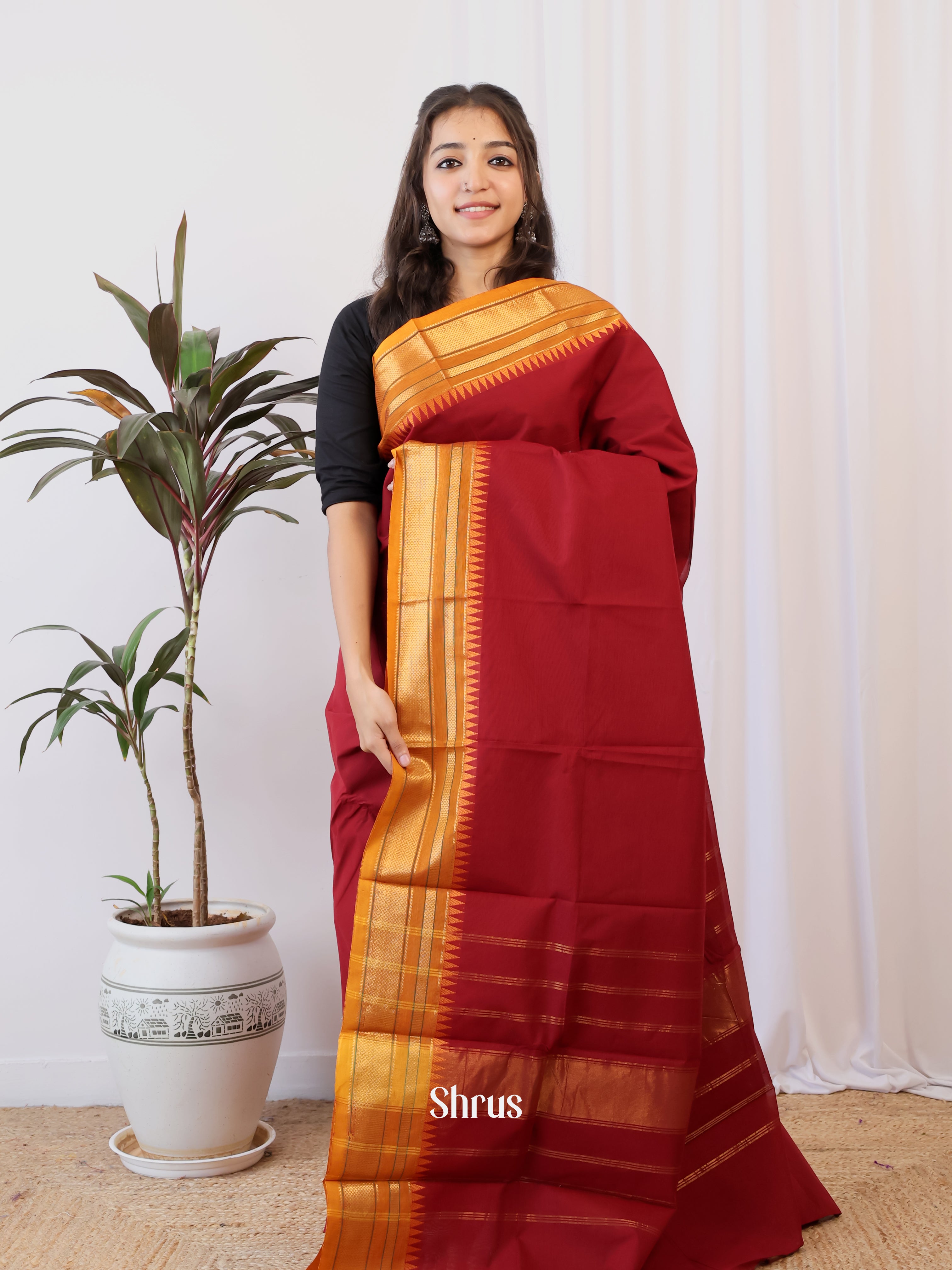 Maroon & Mustard- Chettinad Cotton Saree - Shop on Shrus.com