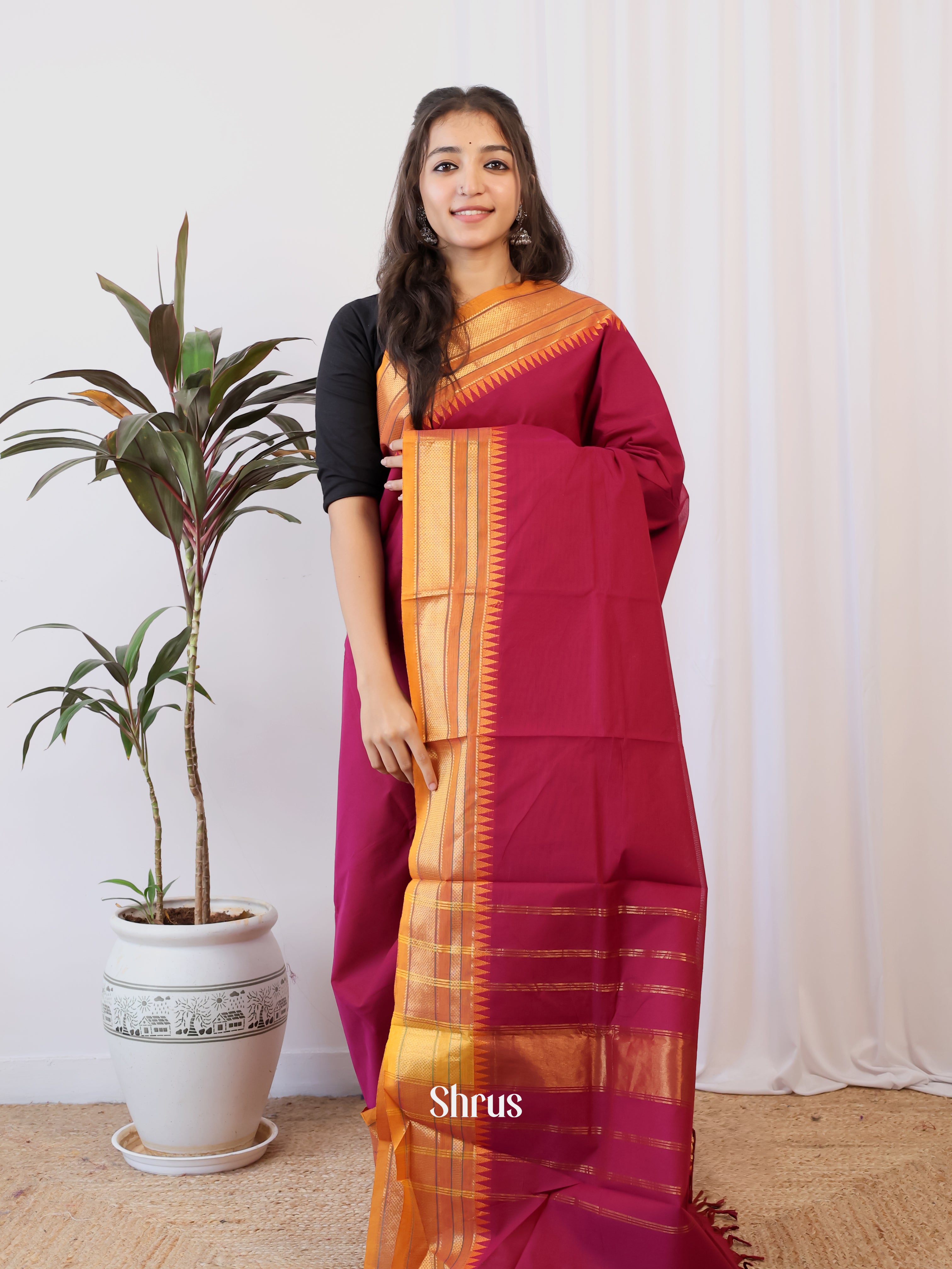 Maroon & Orange - Chettinad Cotton Saree - Shop on Shrus.com