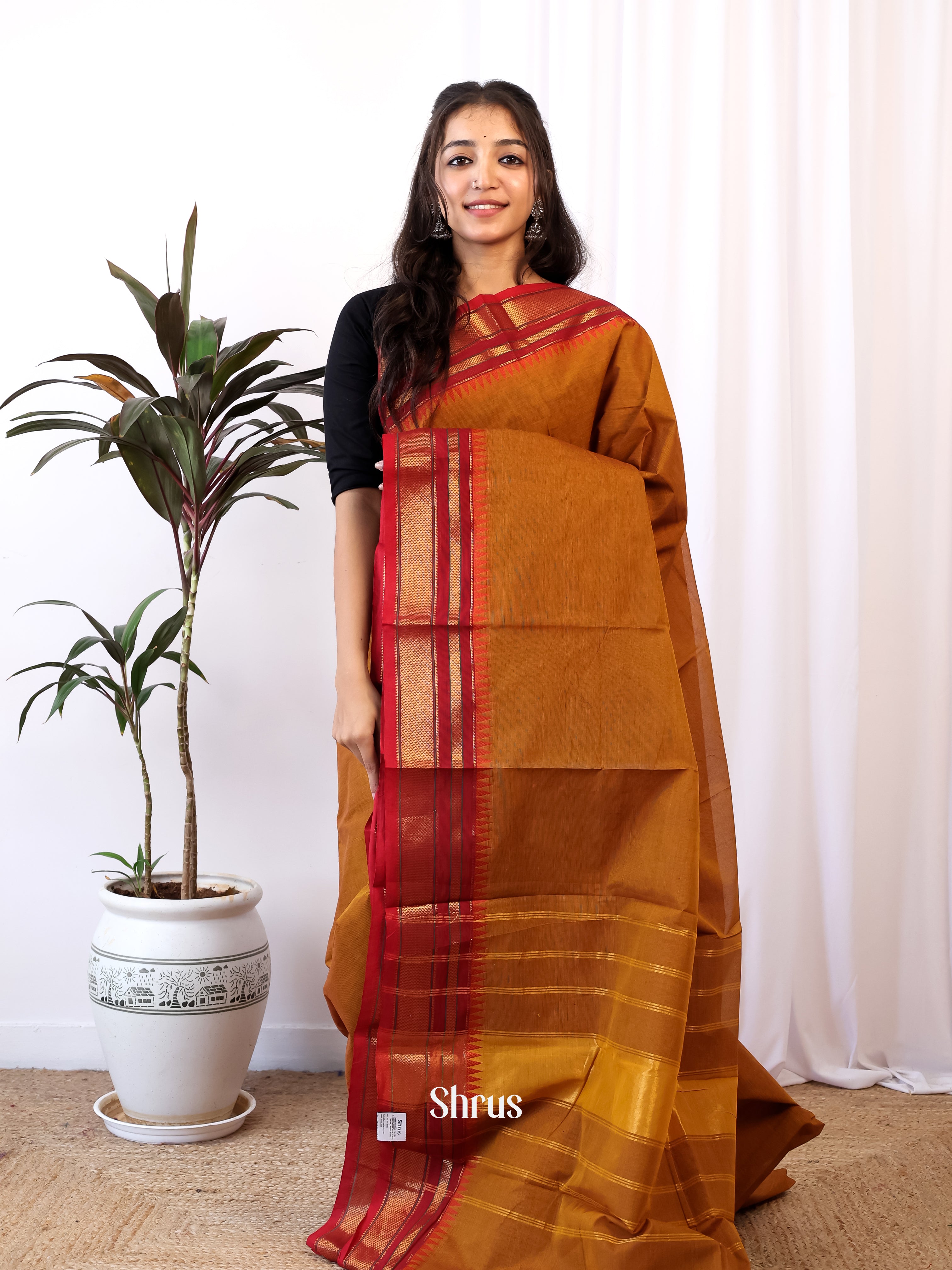 Brown & Red - Chettinad Cotton Saree - Shop on Shrus.com