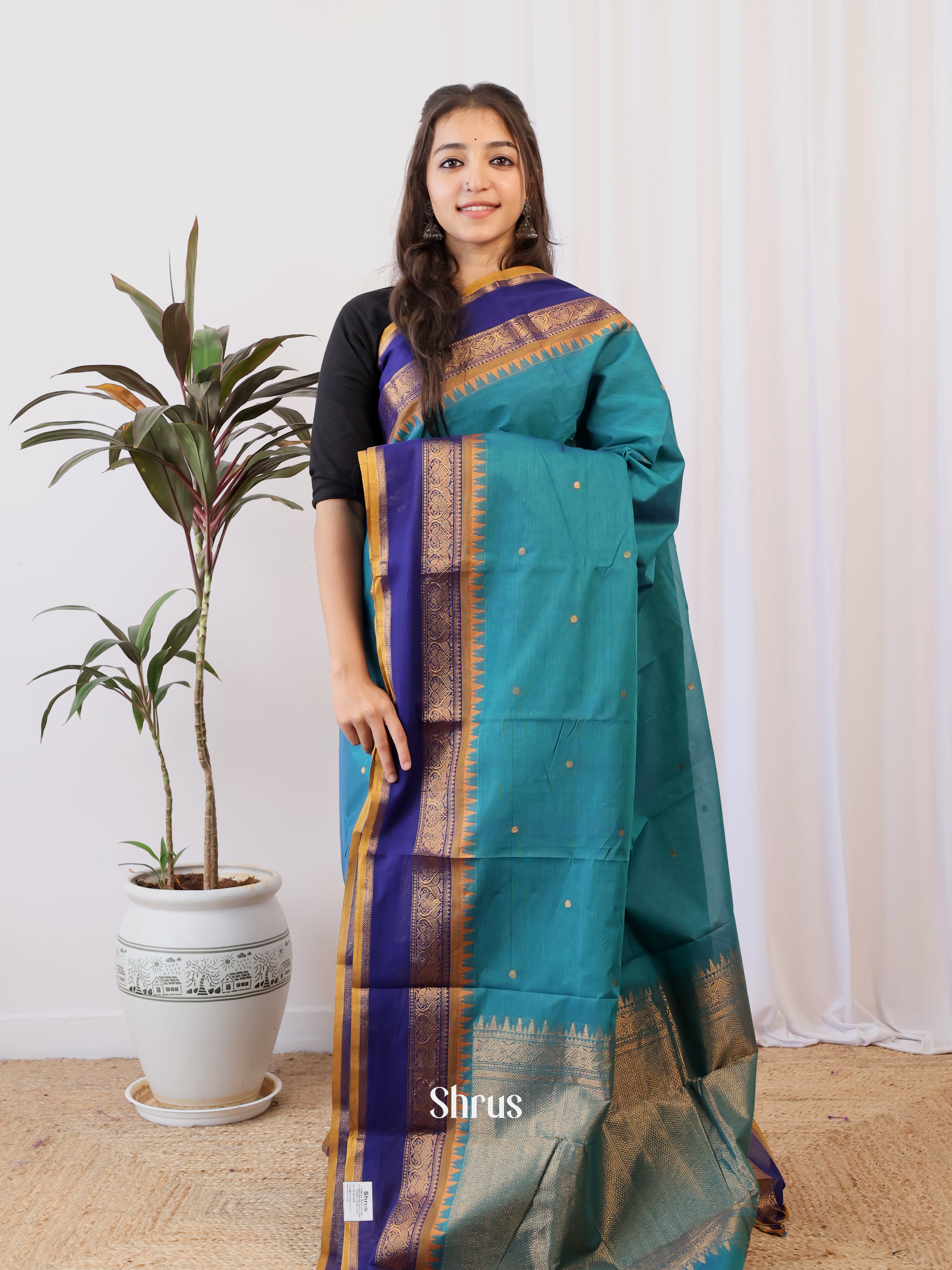 Teal & Blue - Chettinad Cotton Saree - Shop on Shrus.com