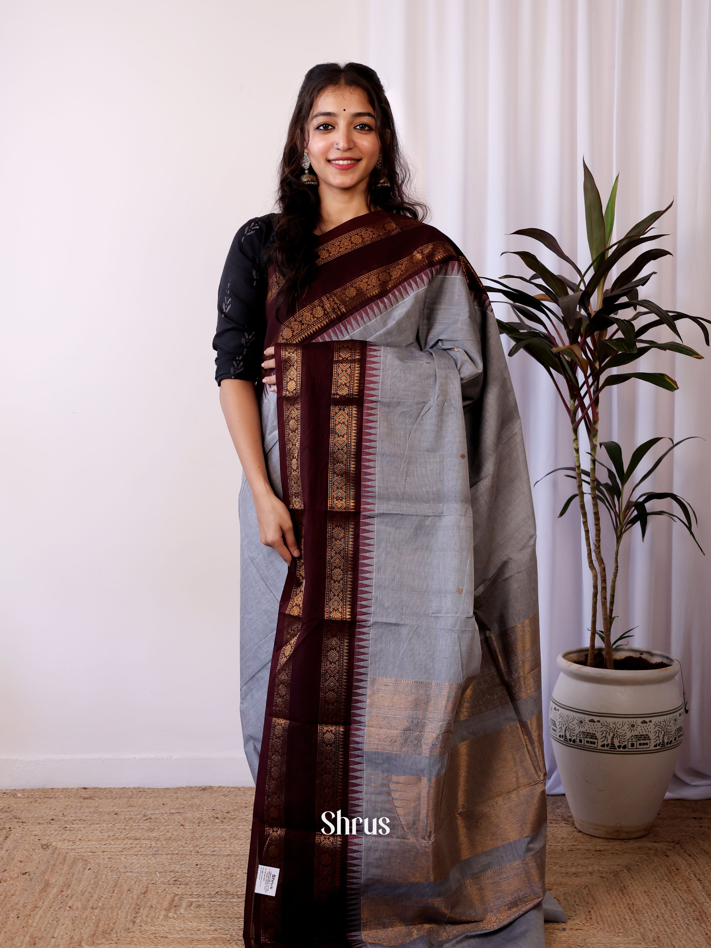 Grey & Brown- Chettinad Cotton Saree - Shop on Shrus.com