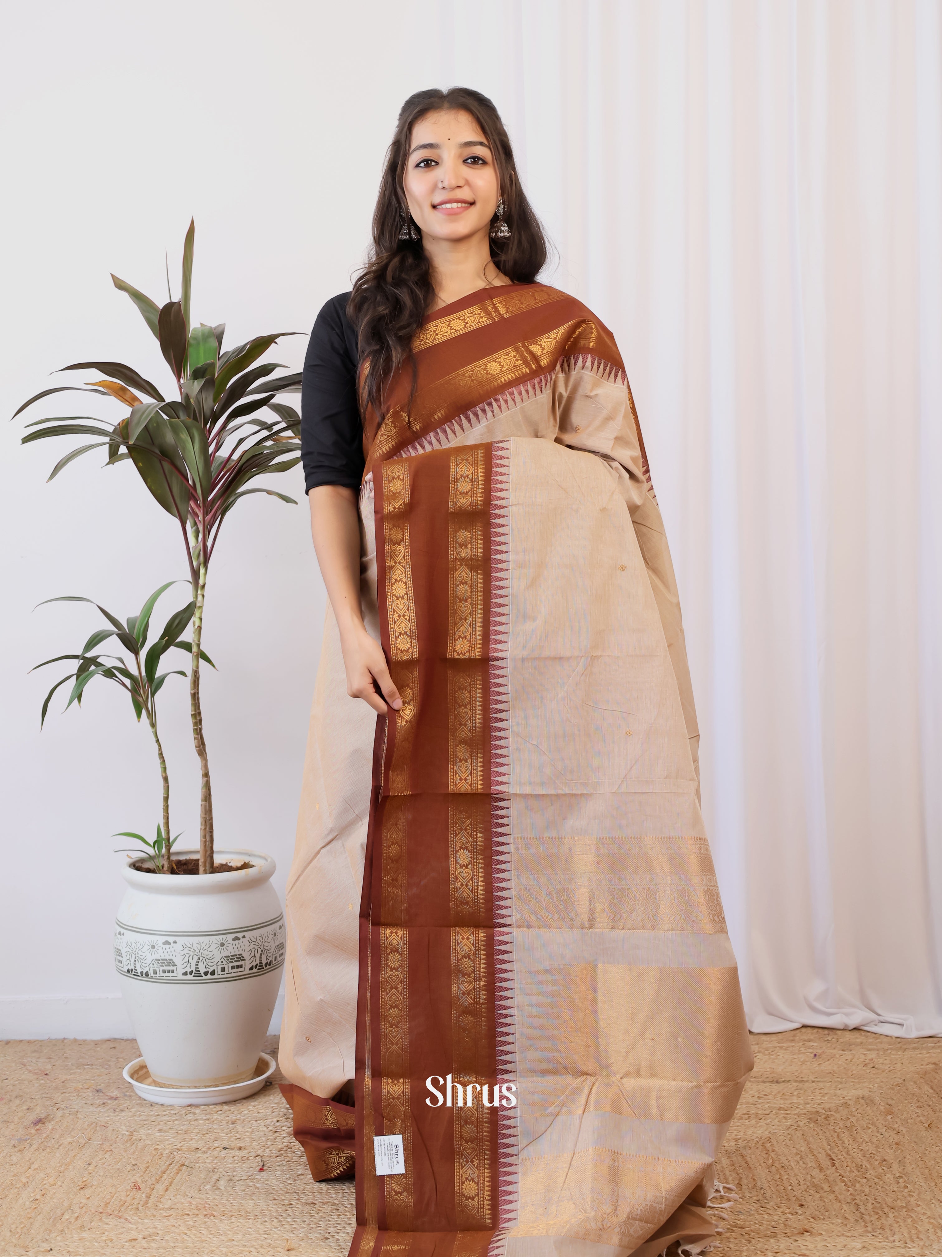 Grey & Brown- Chettinad Cotton Saree - Shop on Shrus.com