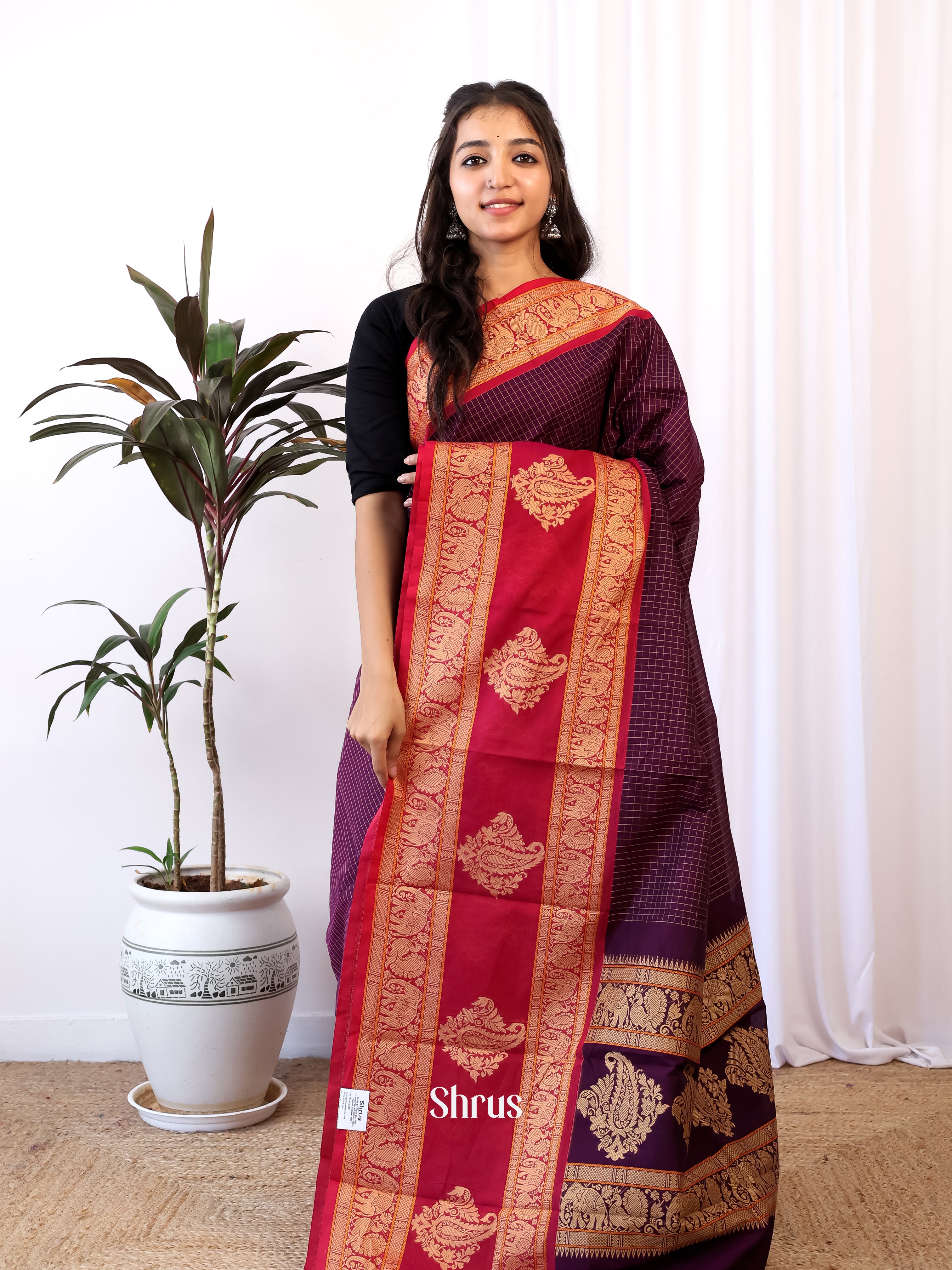 Purple & Red - Chettinad Cotton Saree - Shop on Shrus.com